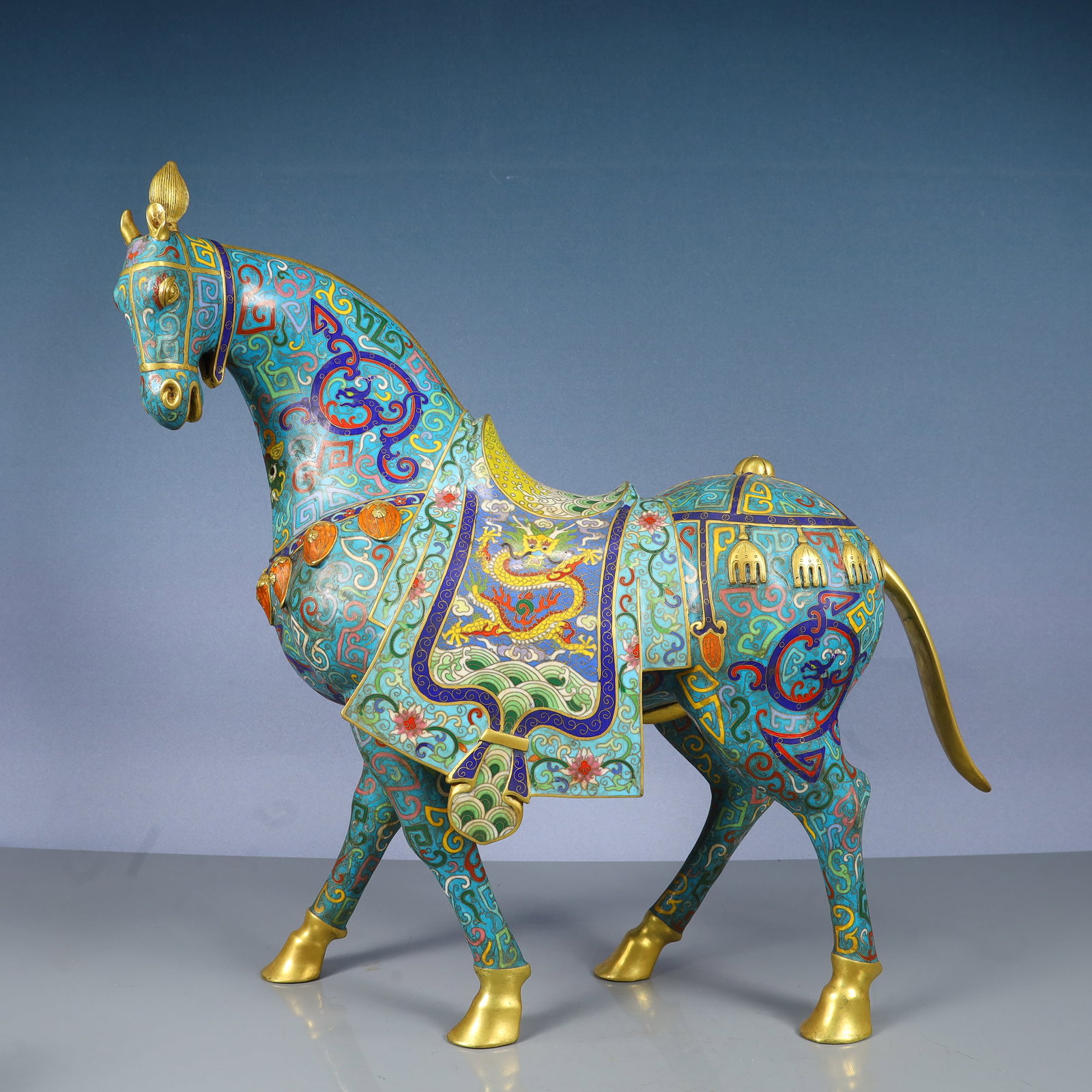 A Huge Cloisonne Seawater,Auspicious Cloud and Dragon Pattern Horse Ornament: A Huge Cloisonne Seawater,Auspicious Cloud and Dragon Pattern Horse Ornament