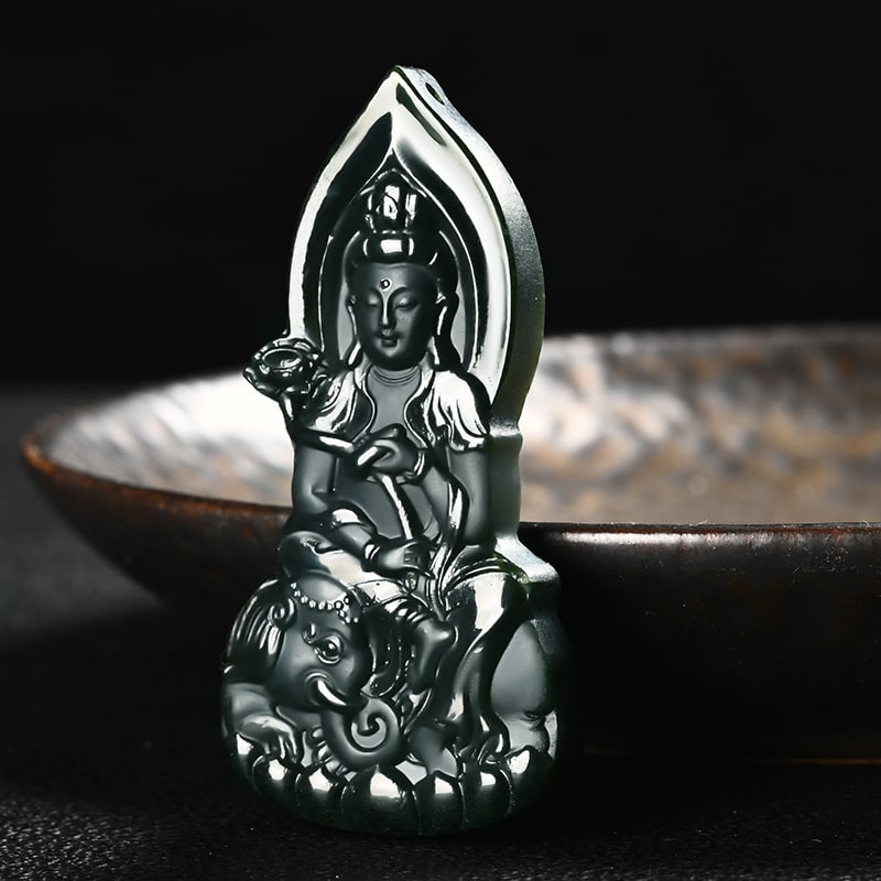 An Exquisite Cyan jade Statue of Samantabhadra Pendant: An Exquisite Cyan jade Statue of Samantabhadra Pendant