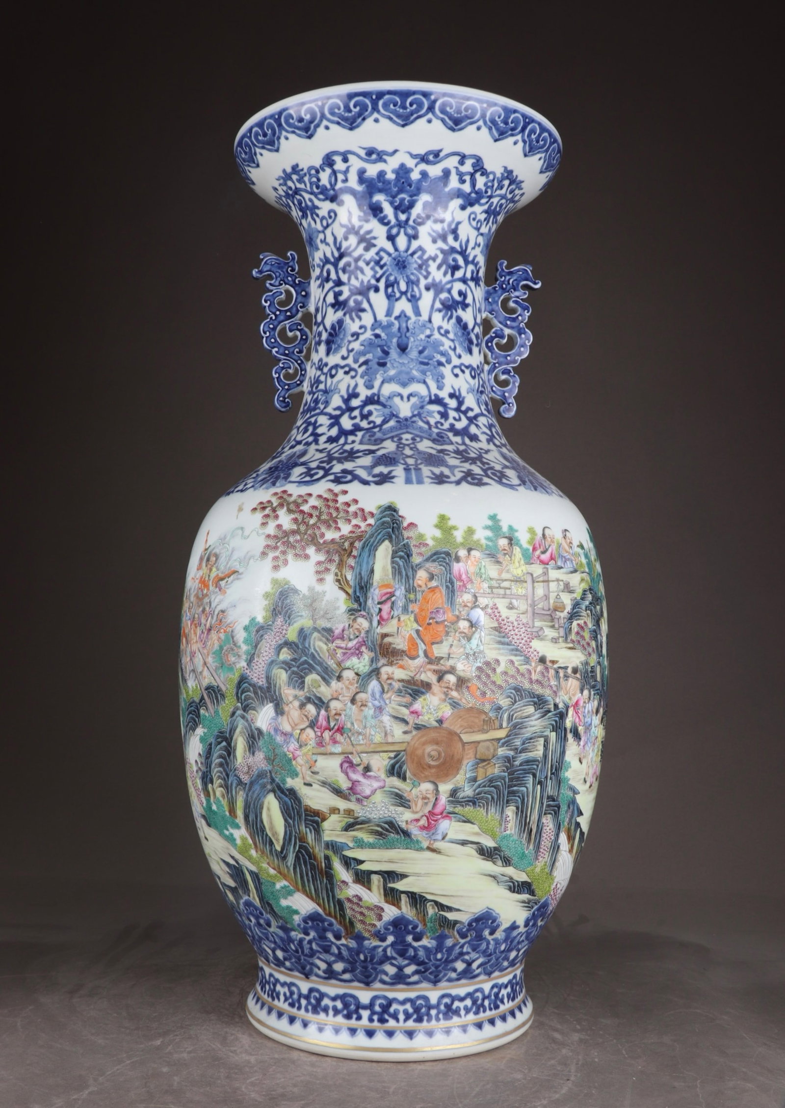 A Huge Blue and White Famille-Rose Character and Story Pattern Double-Ears Vase: A Huge Blue and White Famille-Rose Character and Story Pattern Double-Ears Vase