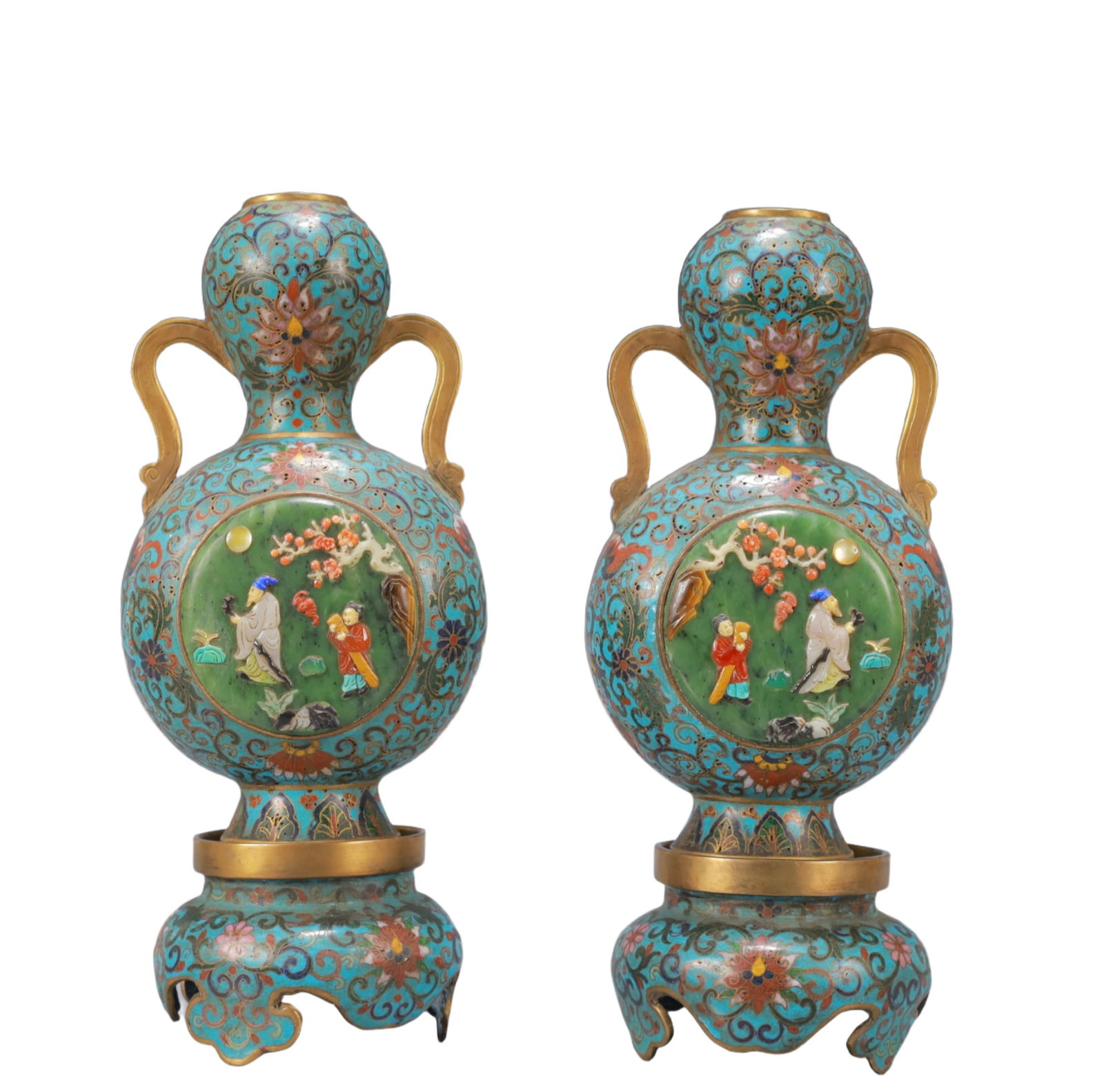 A Exquisite A pair of Cloisonne Lotus Pattern Character and Story Pattern Double-Ears Vase: A Exquisite A pair of Cloisonne Lotus Pattern Character and Story Pattern Double-Ears Vase