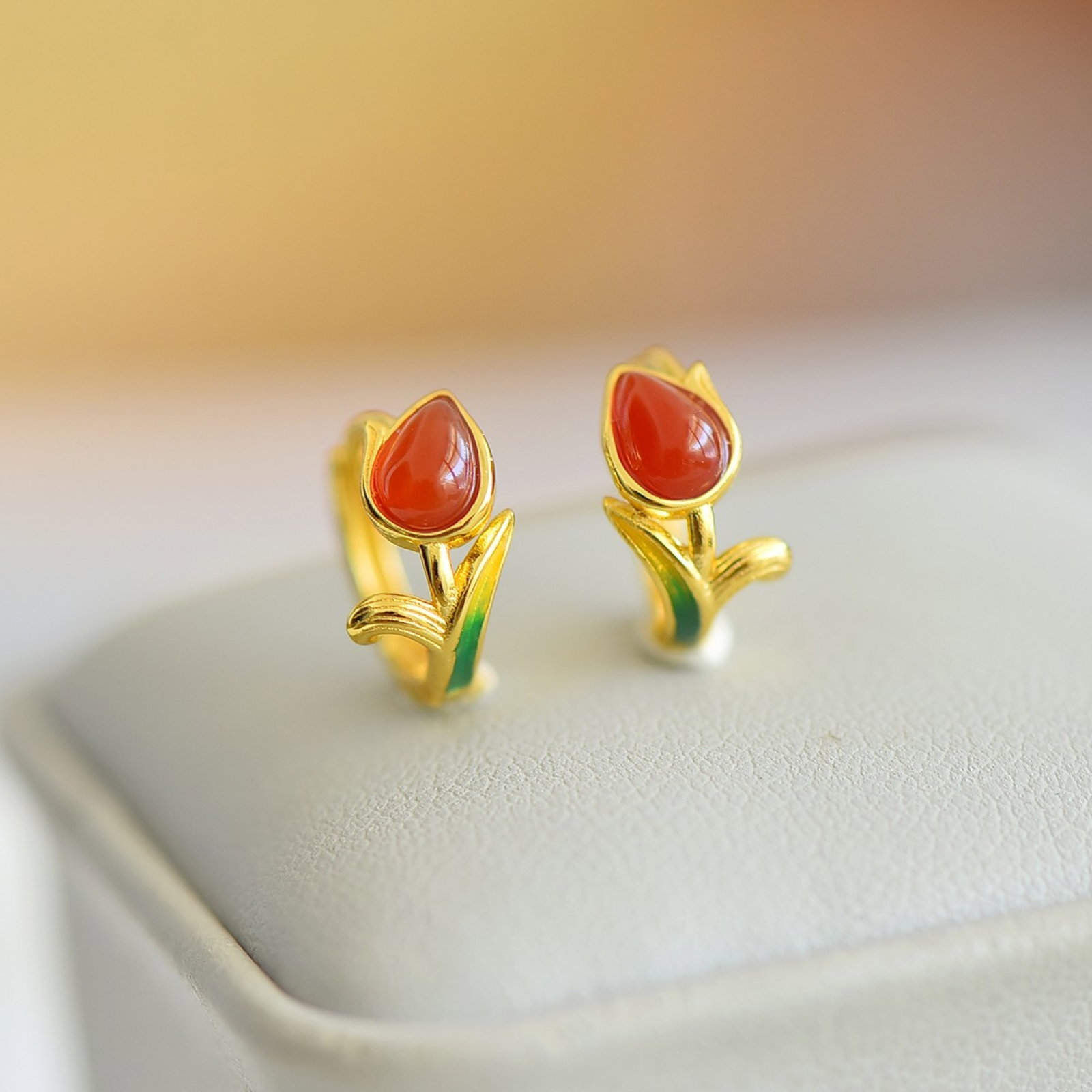 A Pair of Exquisite Sterling Silver-Gold Plated Inlaid Red Agate Earrings (1 of 5)