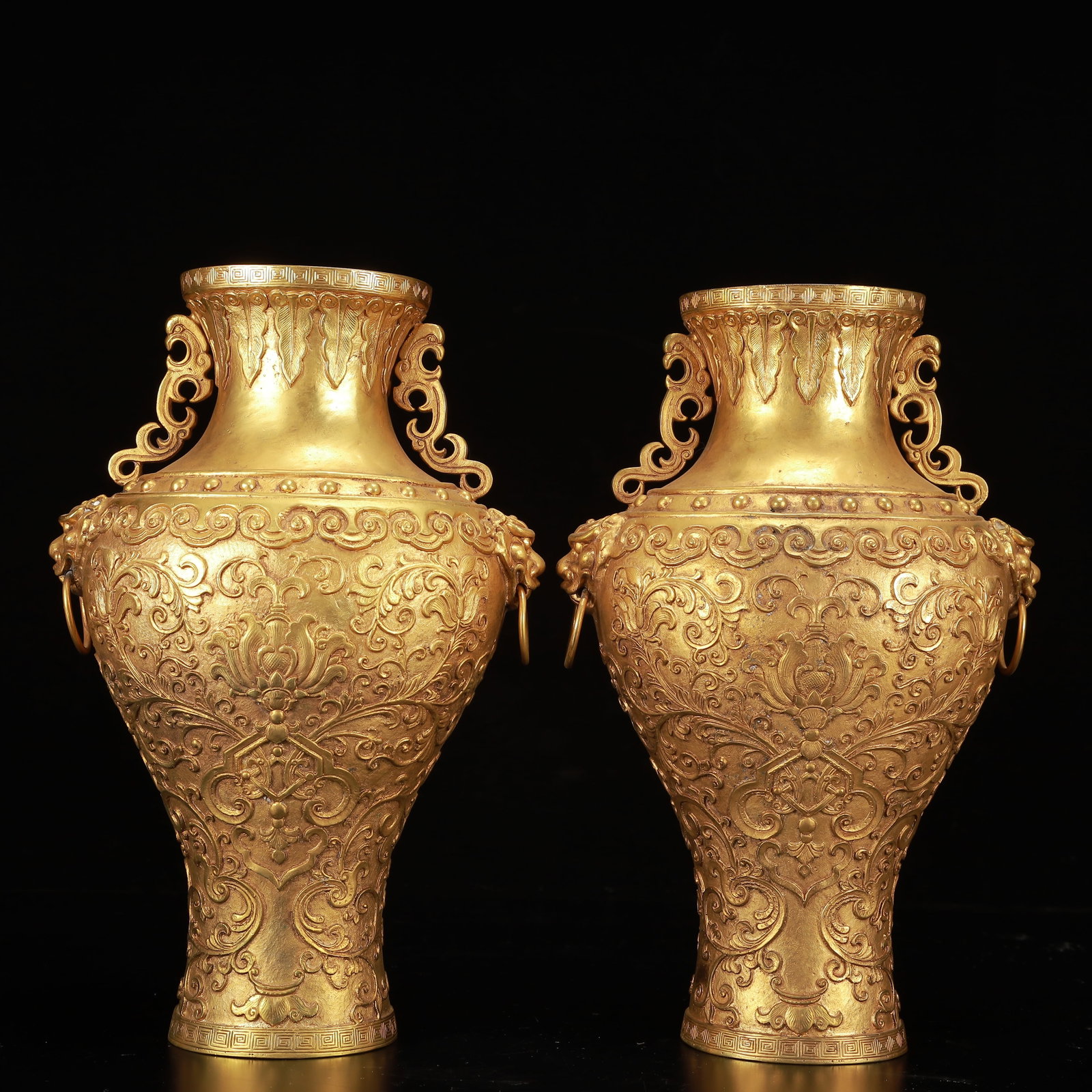A Pair of Rare Gilt Bronze Lotus Pattern Beast-Ears Vases: A Pair of Rare Gilt Bronze Lotus Pattern Beast-Ears Vases