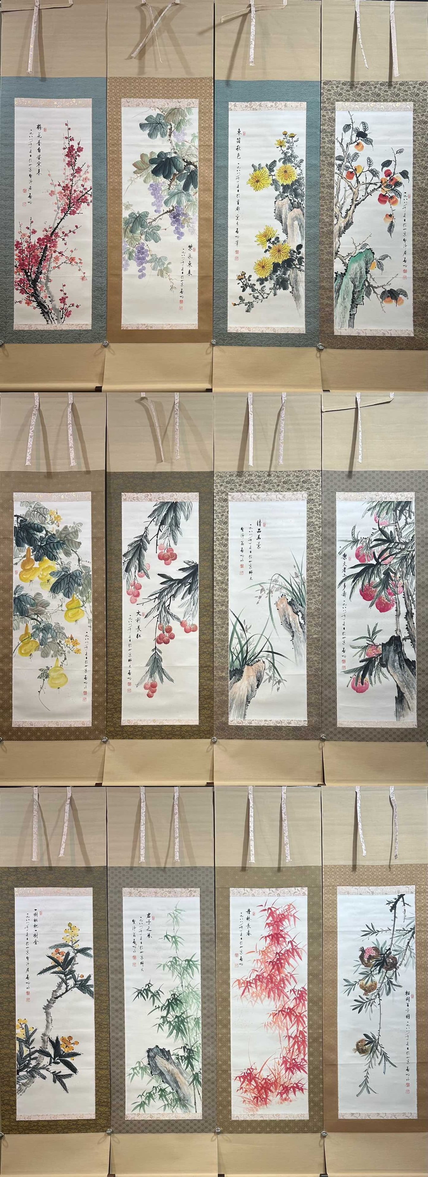 A Set of Twelve Chinese Vertical Scroll Ink Paintings of Flowers on Paper (1 of 18)