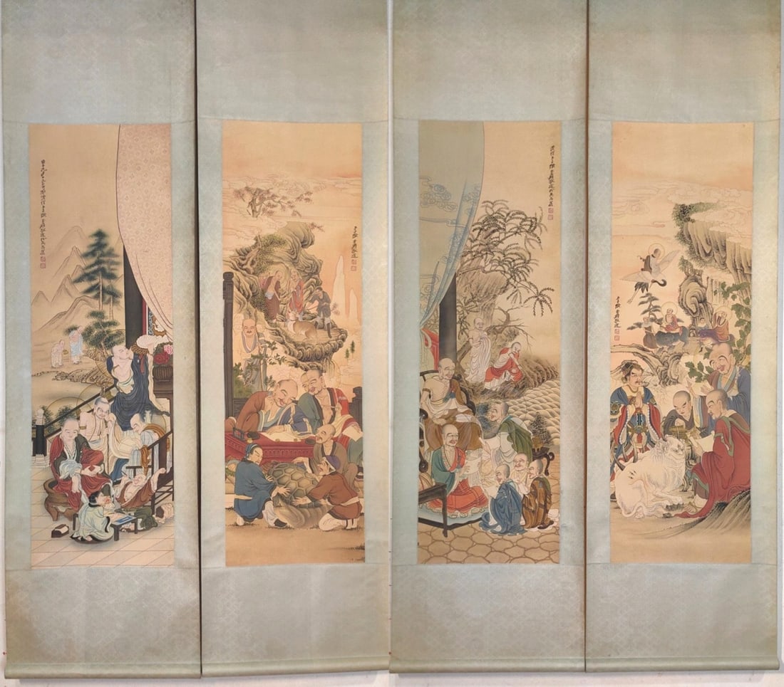 A Set of Chinese Vertical Scroll Ink Paintings of Figures on Silk (Four Pieces): A Set of Chinese Vertical Scroll Ink Paintings of Figures on Silk (Four Pieces),Modern Time of China,Zhang Daqian,without frame size:52inx16.5in 一套中国水墨绢