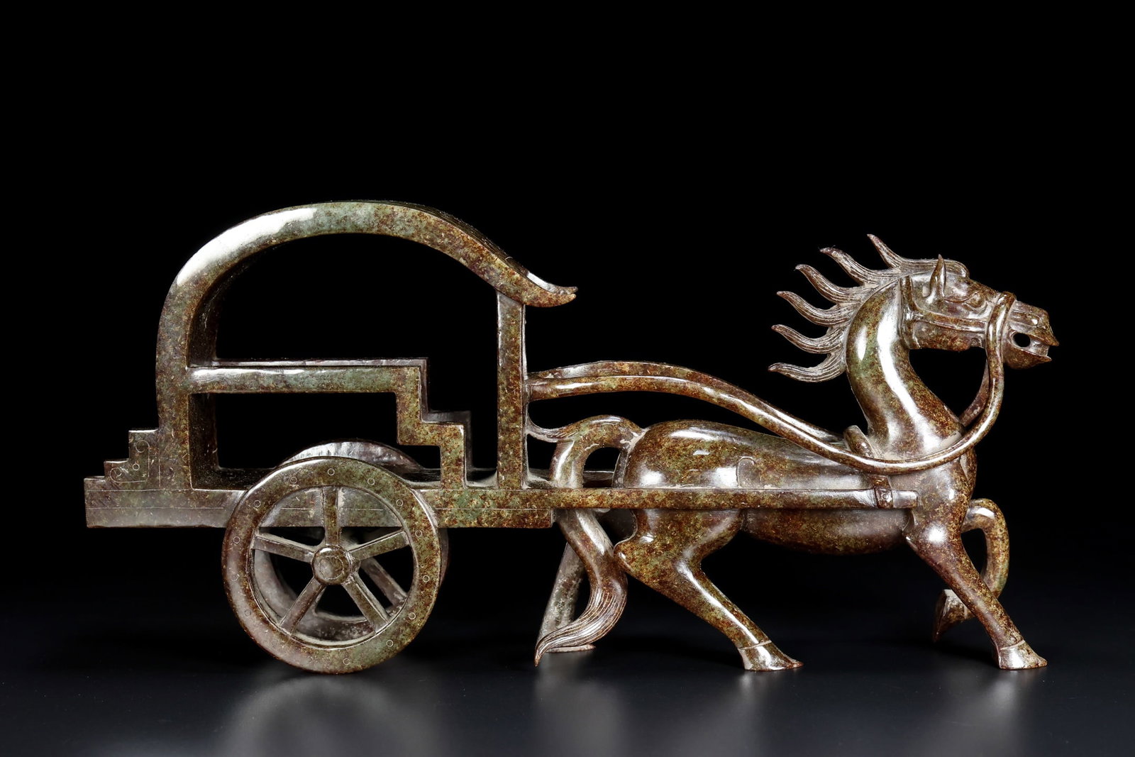 An Exquisite Hotan Jade Horse Cart: An Exquisite Hotan Jade Horse Cart,Han Dynasty, China,Size:11.8inx2.4inx5.9in,Weight:1350g 和田玉马车,中国汉代