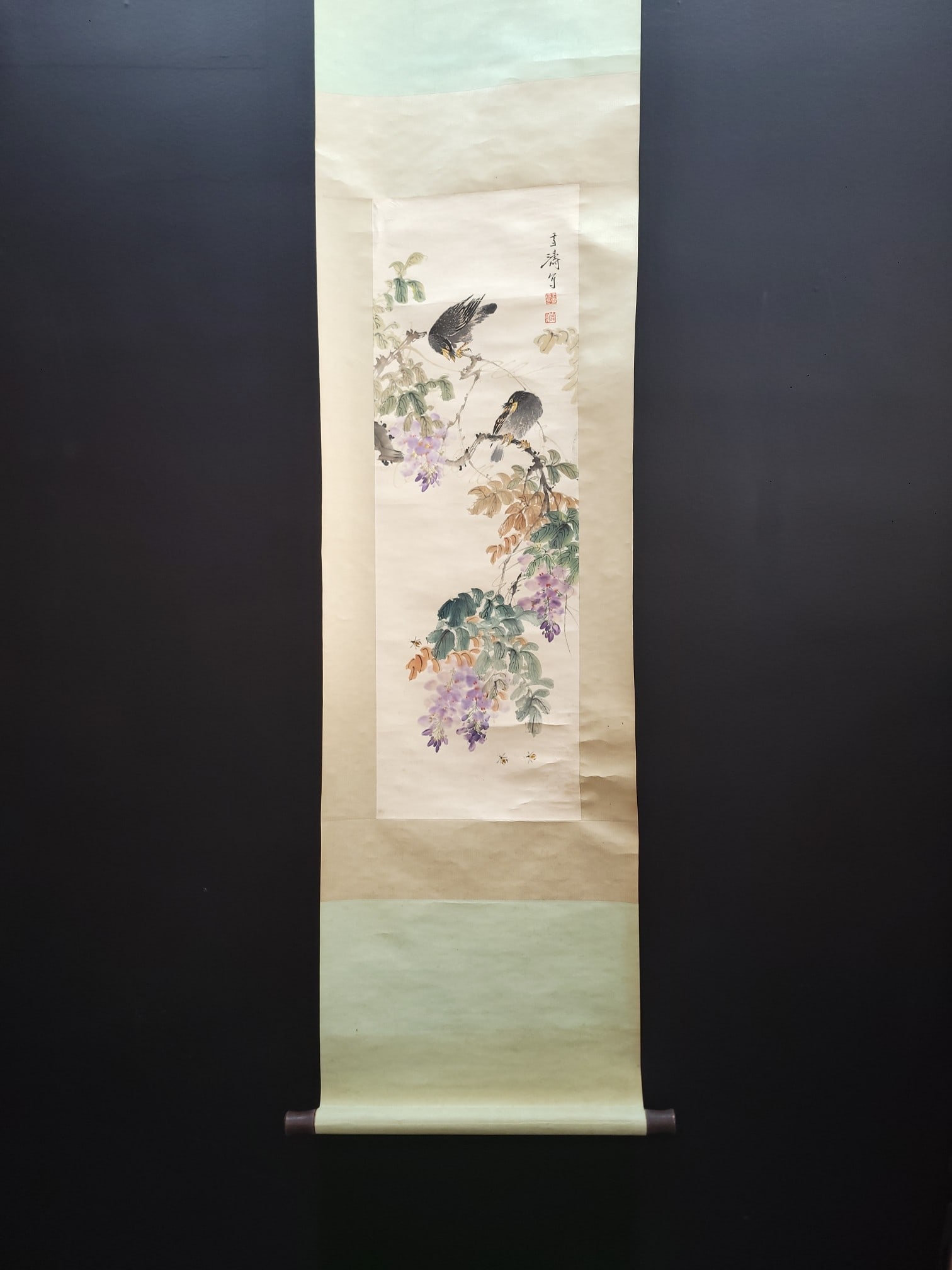 A Chinese Vertical Scroll Ink Painting of Flowers and Birds on Paper: A Chinese Vertical Scroll Ink Painting of Flowers and Birds on Paper,Modern Time of China,Wang Xuetao,without frame size:13inx39.2in