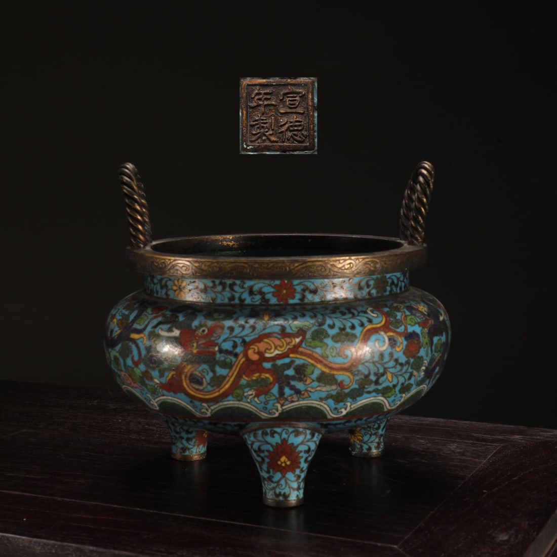 An Exquisite Copper Body Cloisonne Dragon Pattern Double-Ears Censer: An Exquisite Copper Body Cloisonne Dragon Pattern Double-Ears Censer,Ming Dynasty, China,Xuande Four-character Mark,Size:7.2inx6.9inx8in,Weight:2300g