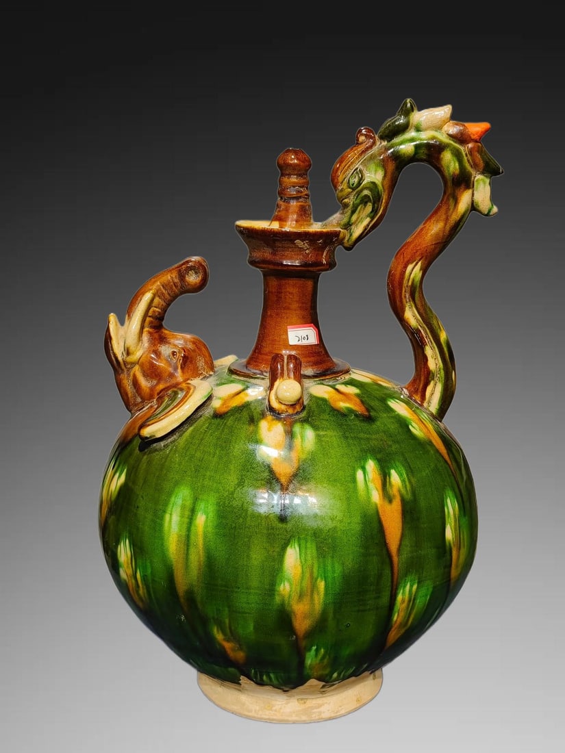 An Exquisite Tang Tri-Color Glazed Pottery Phoenix Head Dragon Handle Bottle (1 of 9)