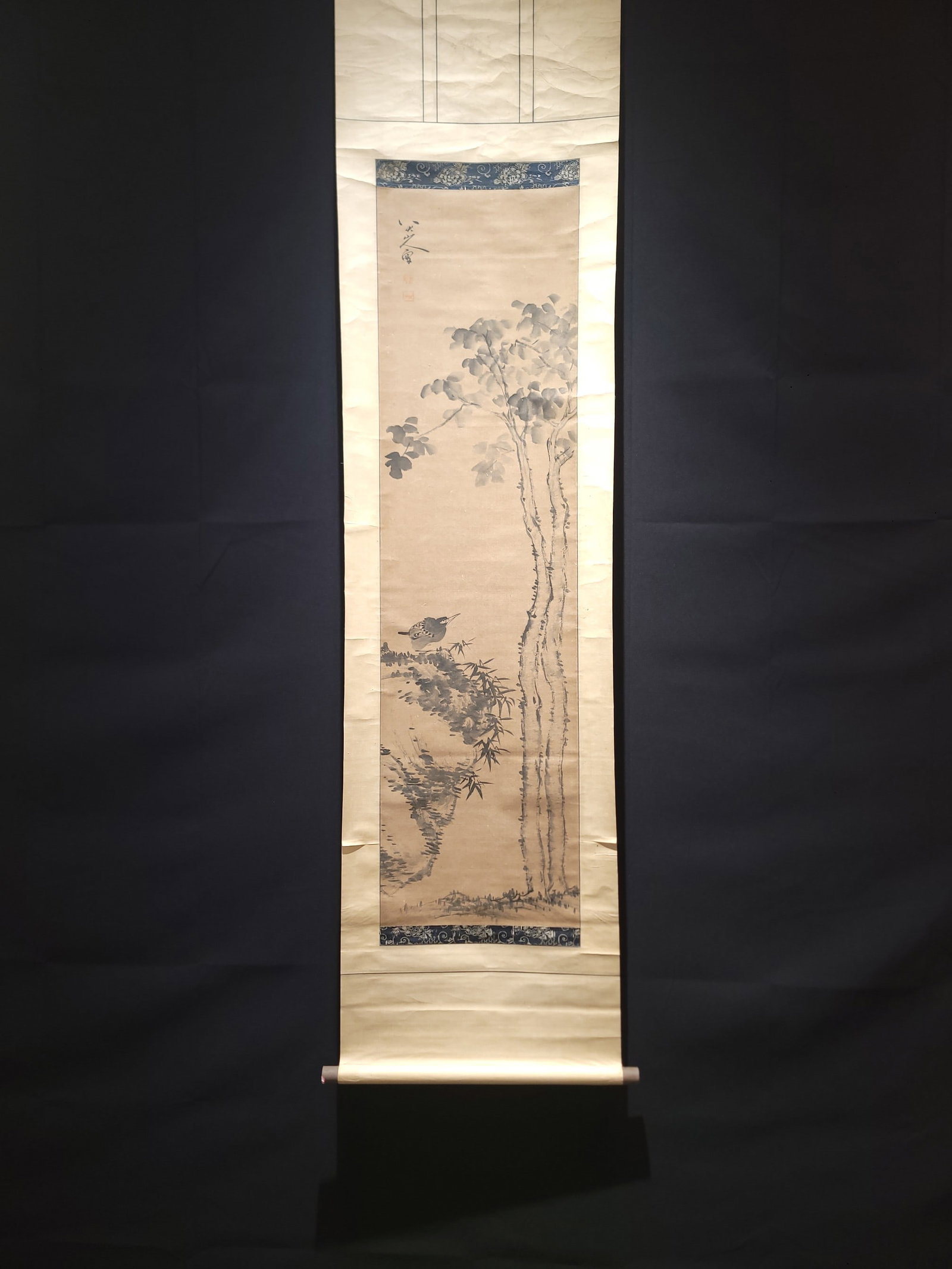 A Chinese Vertical Scroll Ink Painting of Flowers and Birds on Paper: A Chinese Vertical Scroll Ink Painting of Flowers and Birds on Paper,Qing Dynasty, China,Bada Shanren,without frame size:13.4inx48.8in