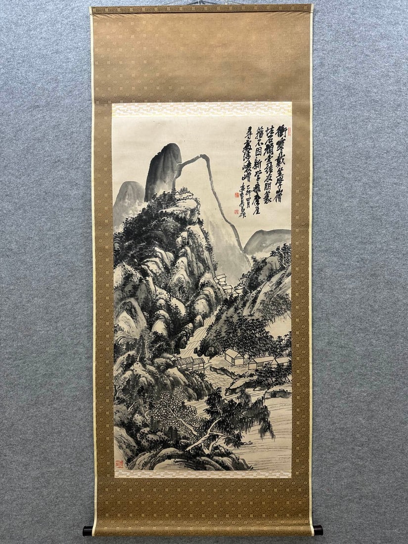 A Chinese Vertical Scroll Ink Painting of Landscape on Paper: A Chinese Vertical Scroll Ink Painting of Landscape on Paper,Modern Time of China,Wu Changshuo,without frame size:26.2inx52in