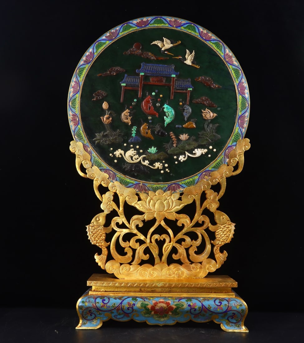 An Exquisite Cloisonne Inlaid Hotan Jasper Fish Pattern Table Screen (1 of 9)