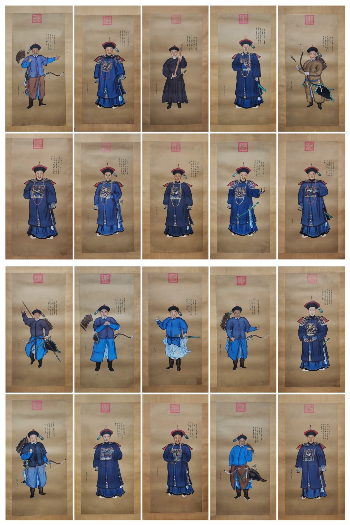 A Set of Chinese Ink Paintings of Figures on Silk (Twenty Pieces): A Set of Chinese Ink Paintings of Figures on Silk (Twenty Pieces),Qing Dynasty, China,Giuseppe Castiglione,without frame size:38.6inx18.1in 一套中国水墨绢