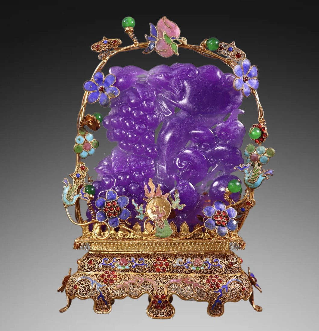 An Exquisite Filigree Gilt Inlaid Jadeite Ruyi Ornament: An Exquisite Filigree Gilt Inlaid Jadeite Ruyi Ornament,Qing Dynasty, China,Qianlong Four-character Mark,Size:10.6inx7.1inx2.6in,Weight:835g 花丝鎏金镶嵌翡