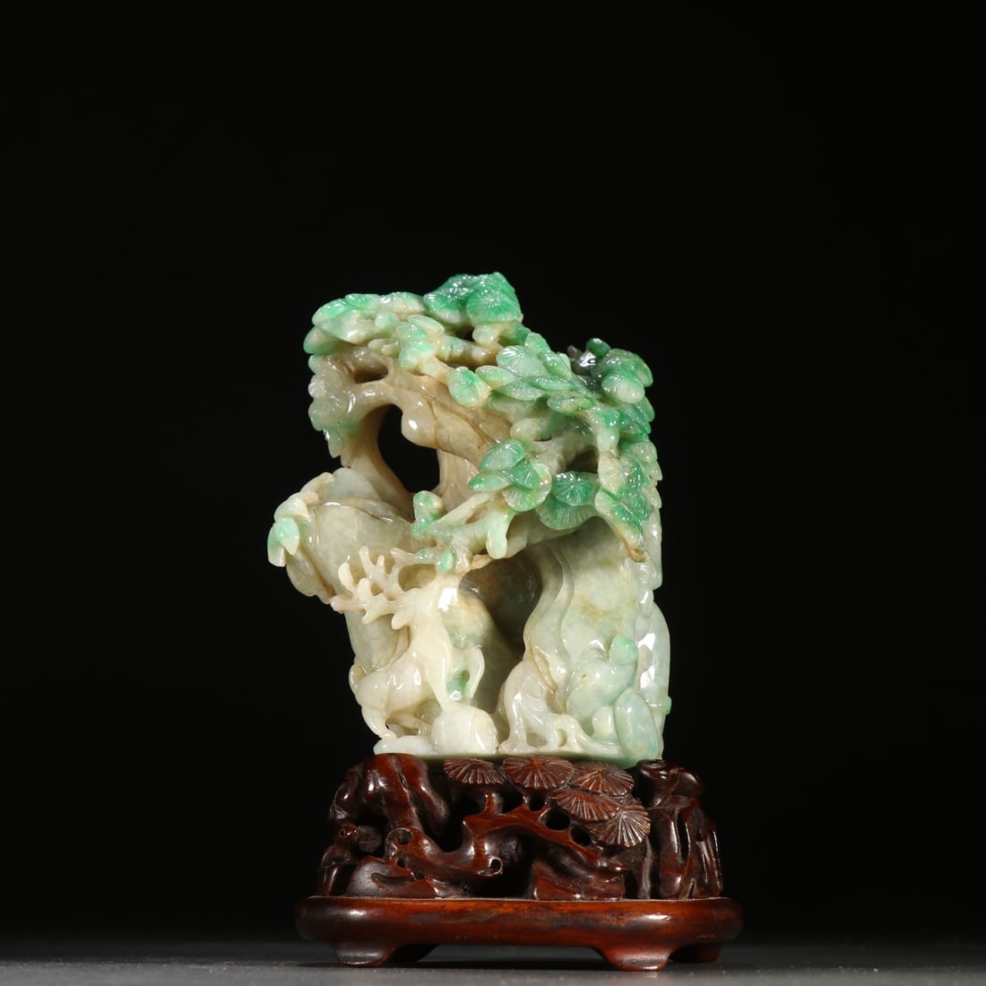 An Exquisite Jadeite Pine and Deer Pattern Ornament,With Base: An Exquisite Jadeite Pine and Deer Pattern Ornament,With Base,Qing Dynasty, China,Size:5.1inx2.8in,Weight:390g 翡翠松鹿纹摆件,带底座,中