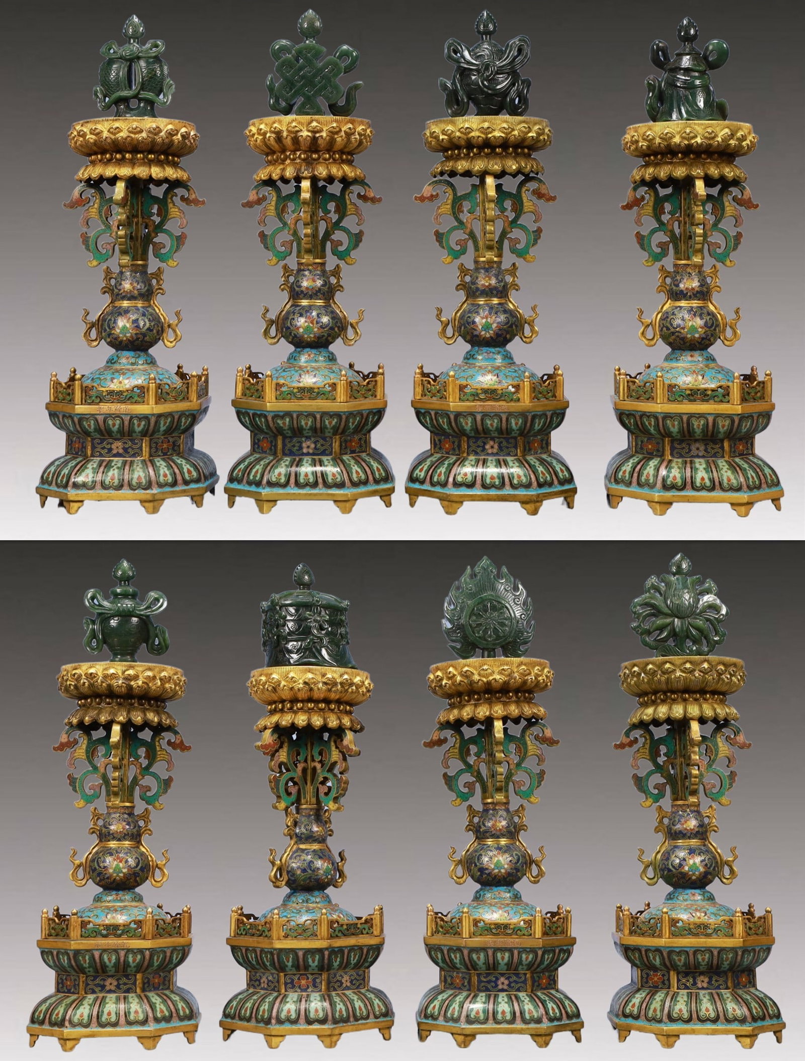 A Set of Fine Cloisonne Lotus Pattern Eight Treasures Ornaments: A Set of Fine Cloisonne Lotus Pattern Eight Treasures Ornaments,Qing Dynasty, China,Size：4.3inx14.6in; Weight：16250g 一套景泰蓝缠枝莲ń