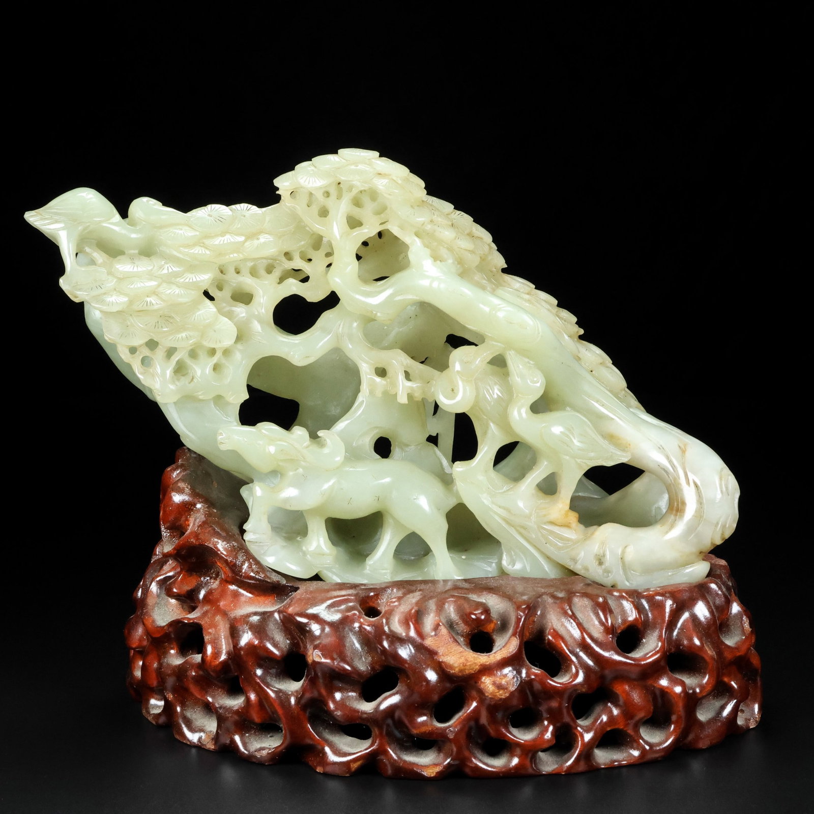 An Exquisite Greenish Jade Pine and Crane Pattern Ornament: An Exquisite Greenish Jade Pine and Crane Pattern Ornament,Qing Dynasty,China,Qianlong Four-character Mark,Size:5.9inx9.4inx4.3in,Weight:1128g 青白玉松鹤纹摆&