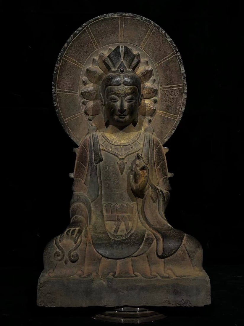 A Rare Limestone Statue of Avalokitesvara Ornament: A Rare Limestone Statue of Avalokitesvara Ornament,Qing Dynasty, China,Size:29.5inx15.4inx10.6in 青石观音像摆件,中国清代