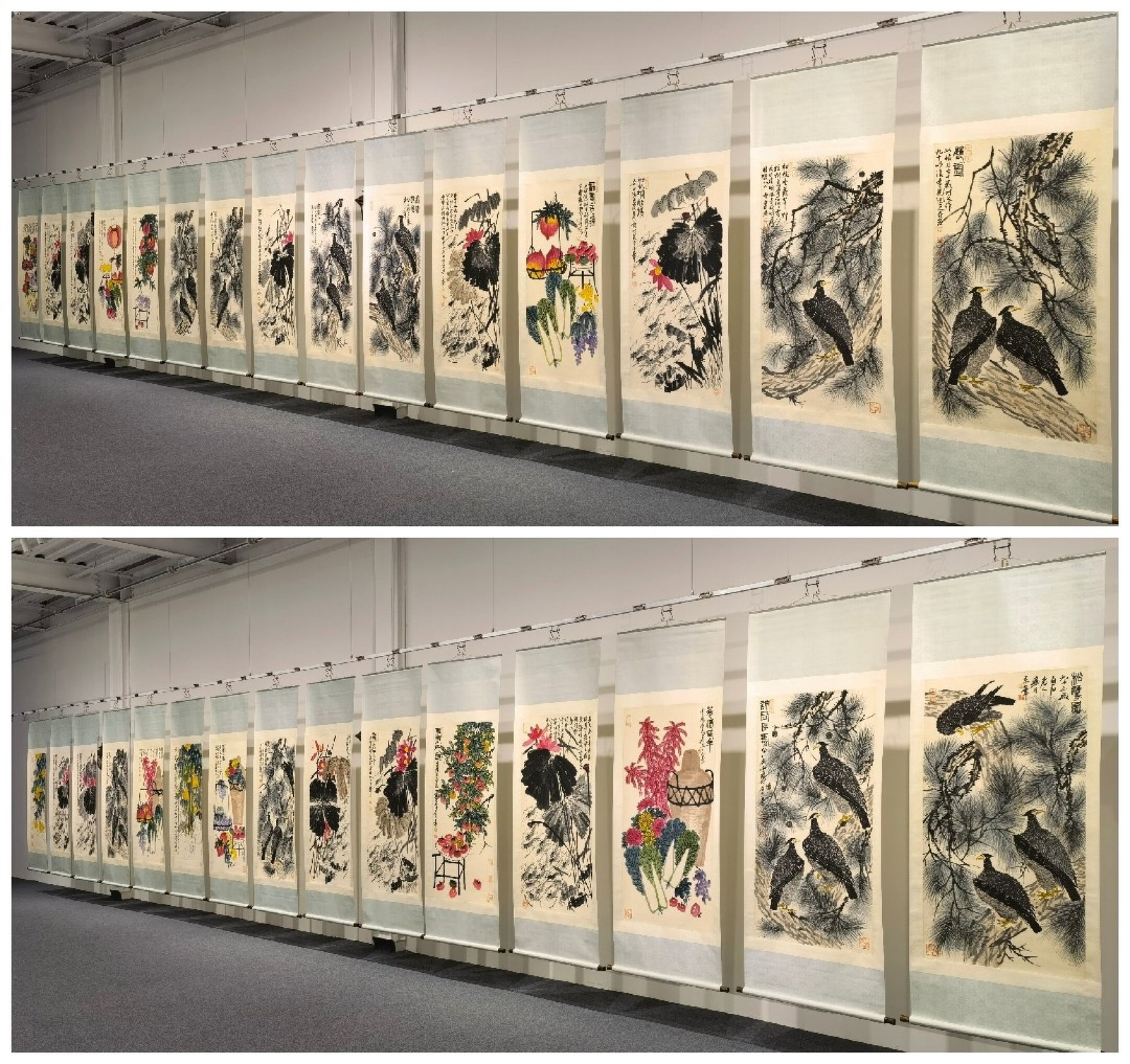 A Set of Chinese Vertical Scroll Ink Painting of Flower and Bird on Paper: A Set of Chinese Vertical Scroll Ink Painting of Flower and Bird on Paper,Qi Baishi,Size:(entirety)86.6inx31.5in,(Without frame)54.3inx26.8in 一套中国水墨花&#