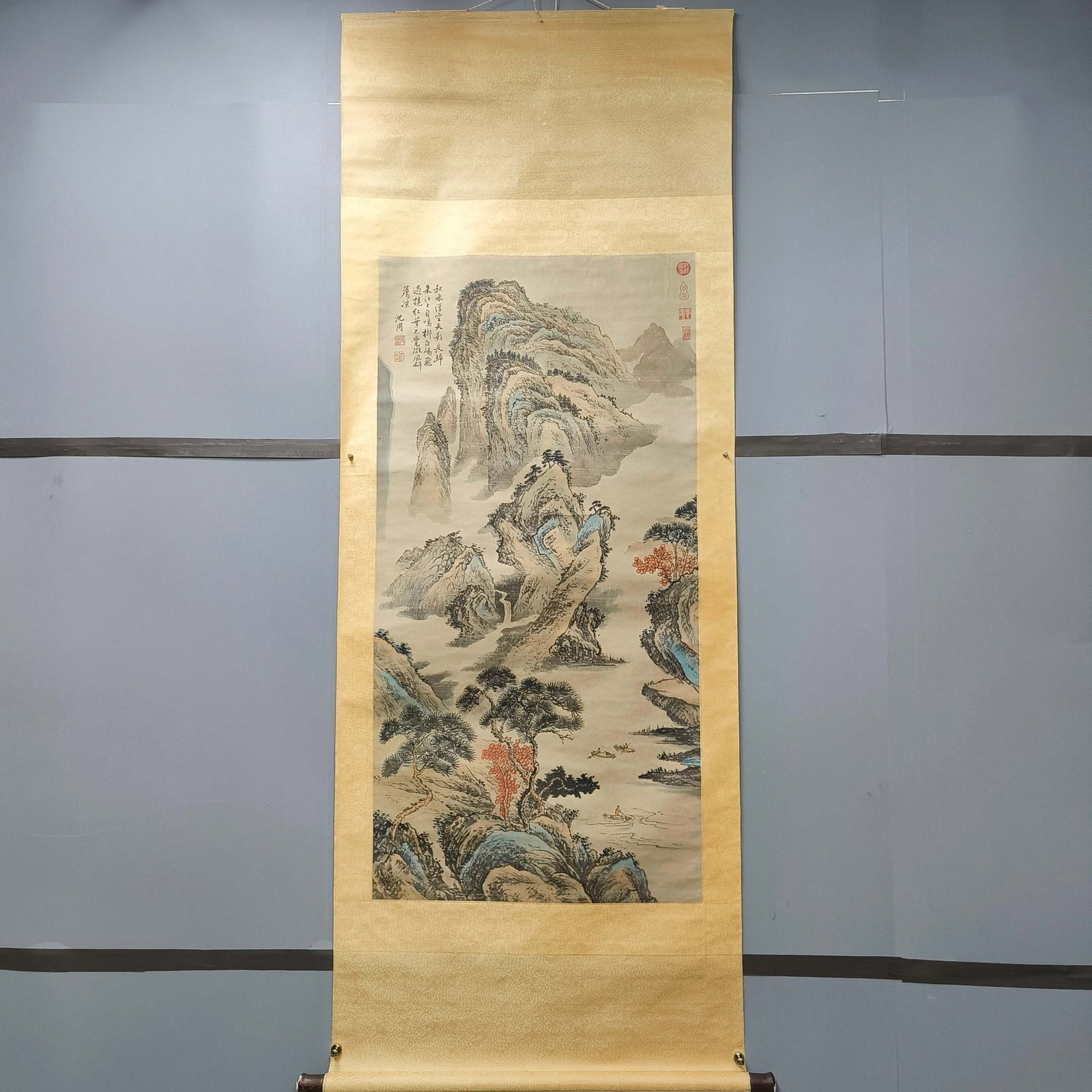 A Chinese Vertical Scroll Ink Painting of Landscape on Paper: A Chinese Vertical Scroll Ink Painting of Landscape on Paper,Shen Zhou,Size:50.8inx25.2in 一幅中国水墨山水画立轴,沈周