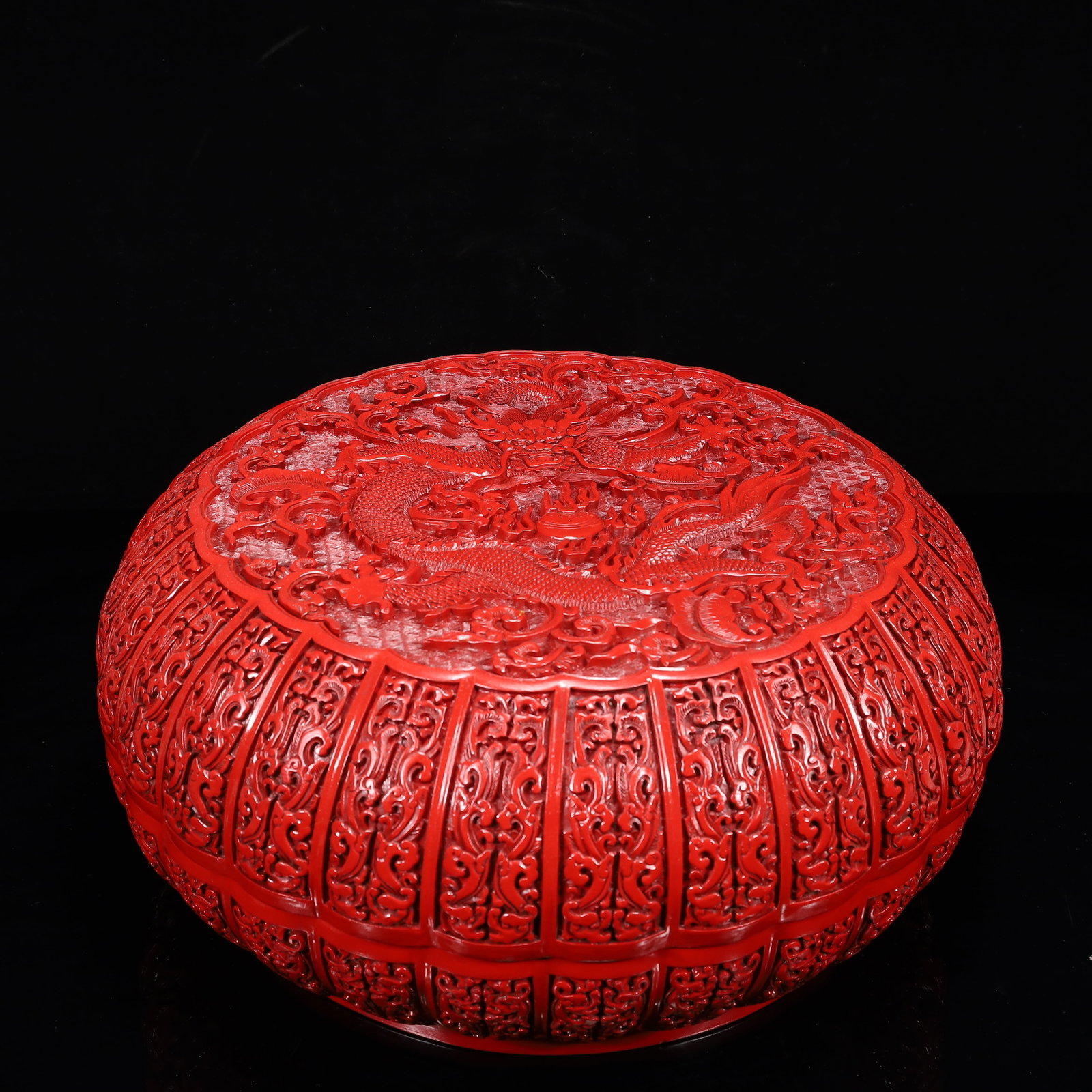 A Huge Carved Red Lacquer Dragon Pattern Box with Cover: A Huge Carved Red Lacquer Dragon Pattern Box with Cover,Qing Dynasty, China,Qianlong Four-character Mark,Size:17.3inx7.9in,Weight:5650g