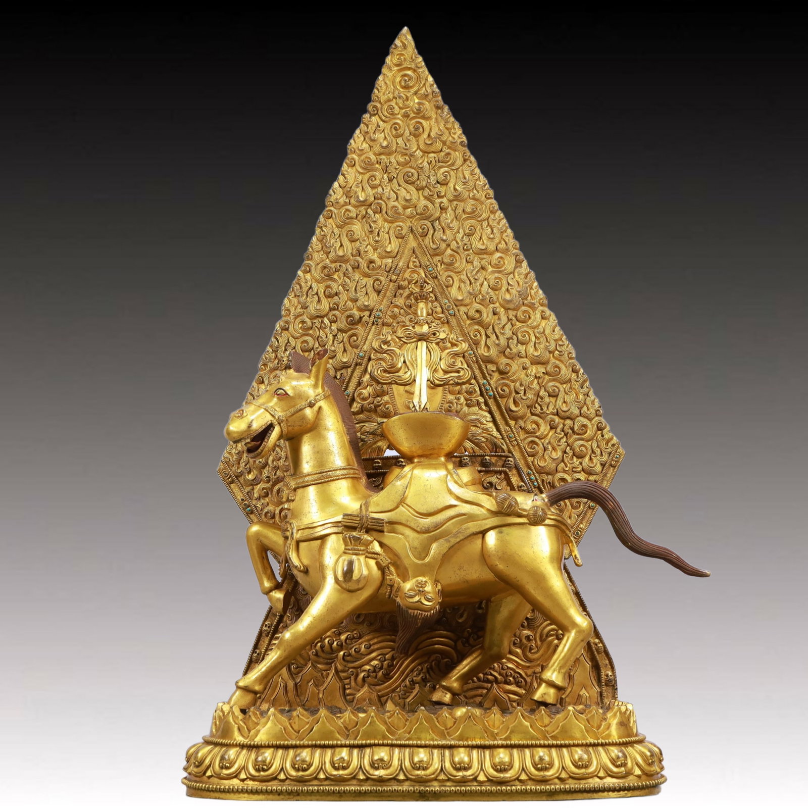 A Solemn Gilt Bronze Horse Ornament,With Inscription,Inlaid Turquoise: A Solemn Gilt Bronze Horse Ornament,With Inscription,Inlaid Turquoise,Ming Dynasty, China,Size:14.2inx13.4inx27.6in,Weight:24150g 铜鎏金马摆件,带铭ă