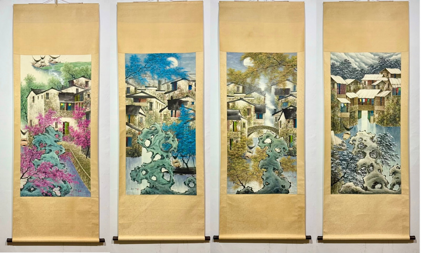 A Set of Chinese Vertical Scroll Ink Painting of Landscape on Paper: A Set of Chinese Vertical Scroll Ink Painting of Landscape on Paper,Wu Guanzhong,Size:(entirety)89.8inx32.3in,(Without frame)53.5inx26.8in 一套中国水墨山ĕ