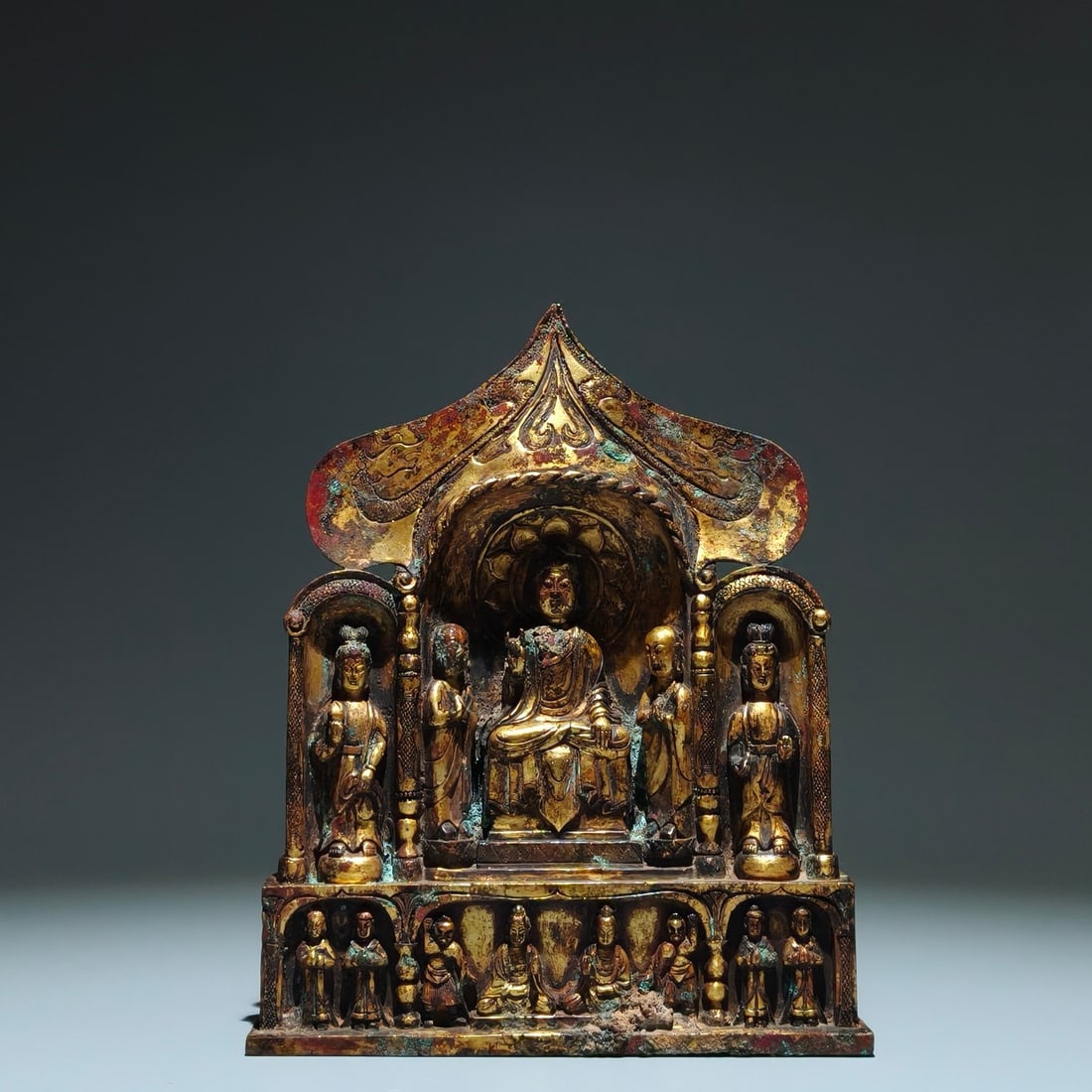 A Solemn Gilt Bronze Niche,with Statue of Sakyamuni: A Solemn Gilt Bronze Niche,with Statue of Sakyamuni,The Northern and Southern Dynasties,China,Size:8.5inx6.9inx1.8in