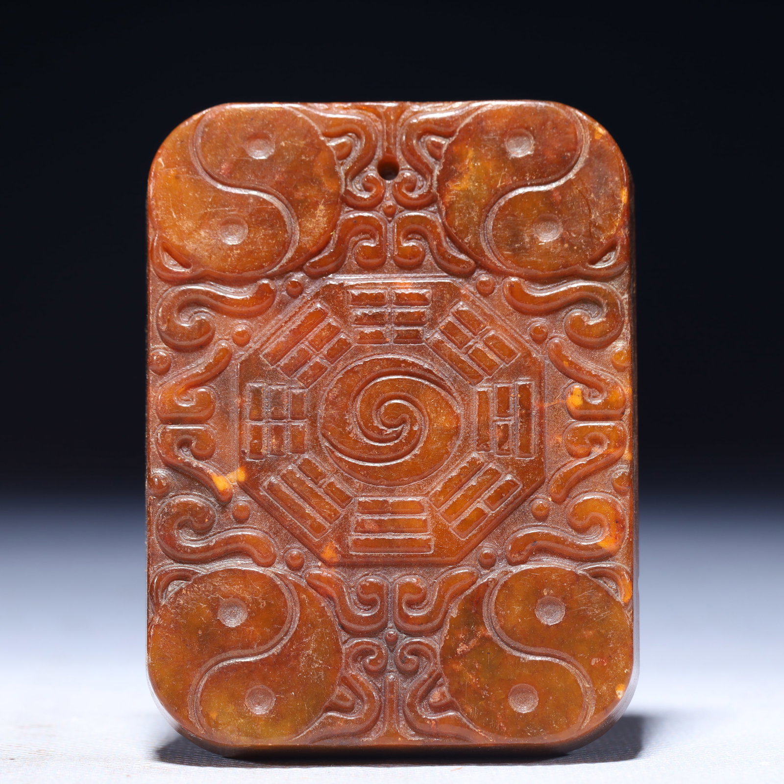 An Exquisite Archaic Jade Trigram Pattern Pendant: An Exquisite Archaic Jade Trigram Pattern Pendant,Ancient Time,China,Size:2.4inx0.4inx3.1in,Weight:131g 高古玉八卦纹挂件,中国远古