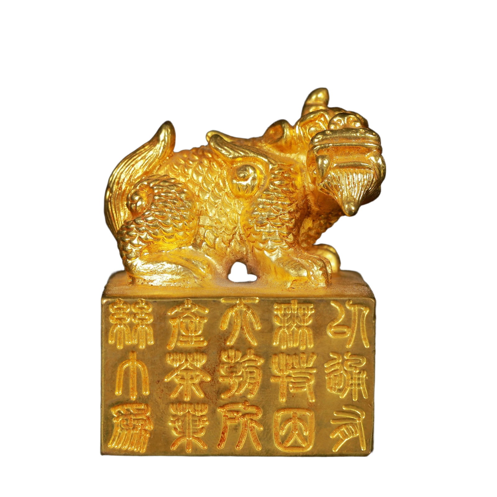 An Exquisite Gilt Bronze Unicorn Seal,with Poem: An Exquisite Gilt Bronze Unicorn Seal,with Poem,Qing Dynasty,China,Size:2inx2.8in,Weight:729g