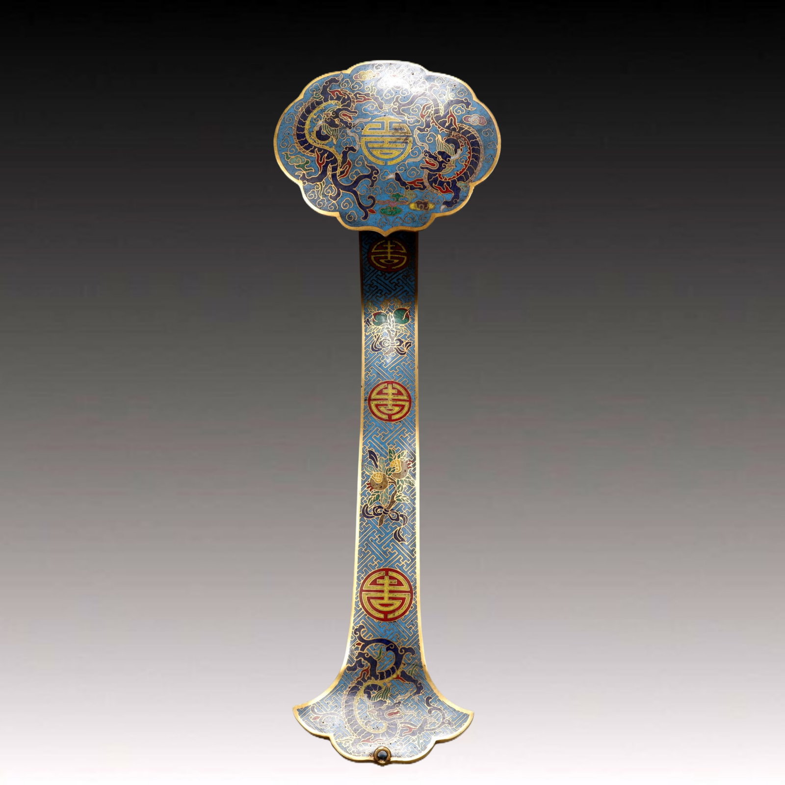 A Exquisite Cloisonne Bats and Peach Pattern Dragon Pattern Ruyi: A Exquisite Cloisonne Bats and Peach Pattern Dragon Pattern Ruyi , Ming Dynasty, China, Wanli Six-character Mark , Size:12.2inx4.1inx2.4in Weight:500g 景泰蓝福寿纹&