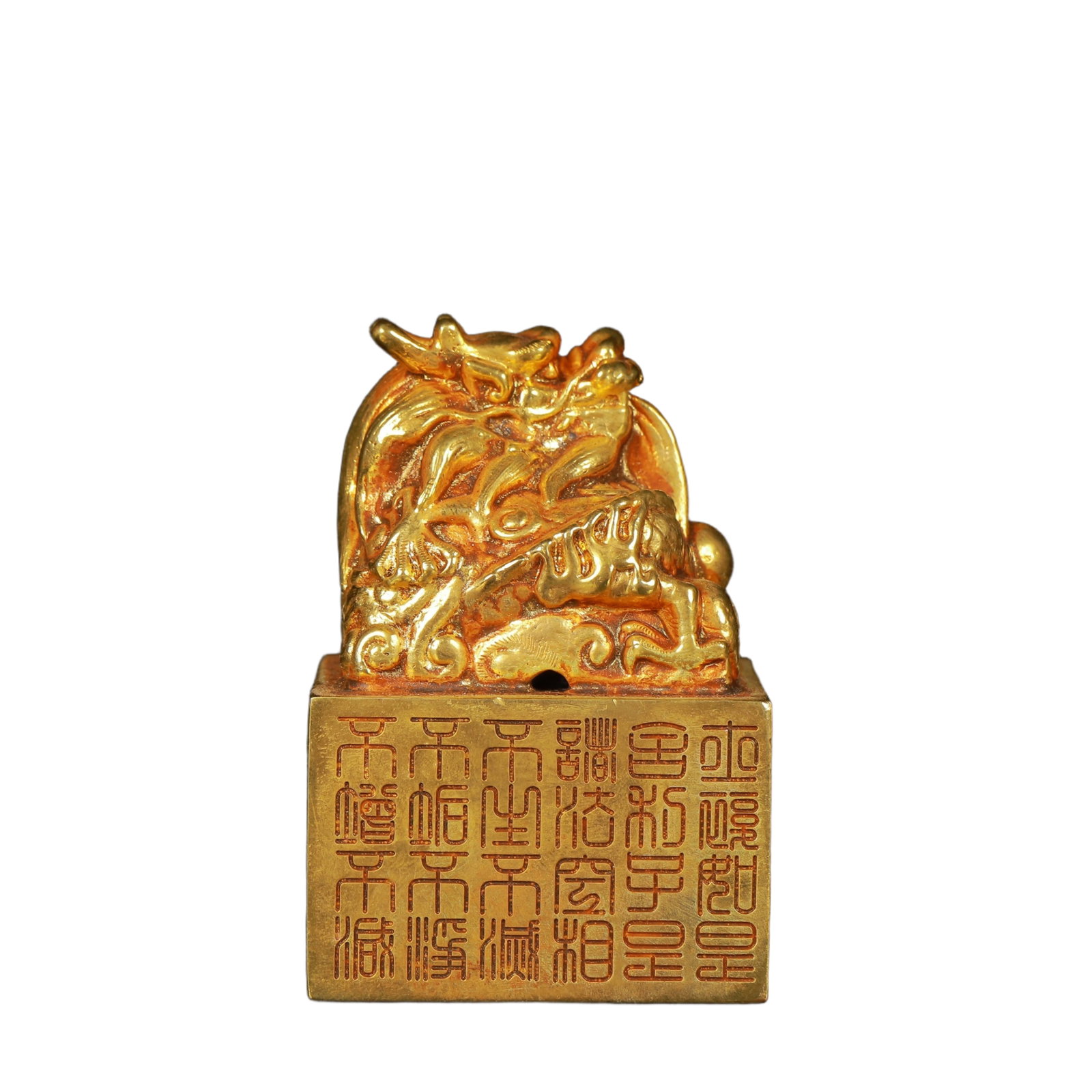 An Exquisite Gilt Bronze Dragon Seal,with Poem: An Exquisite Gilt Bronze Dragon Seal,with Poem,Qing Dynasty,China,Size:2.4inx3.5in,Weight:1496g