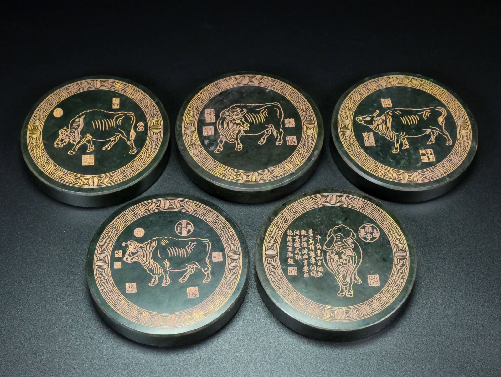 A Set of Fine Jasper Buffalo Pattern Ornaments,with Poem: A Set of Fine Jasper Buffalo Pattern Ornaments,with Poem,Qing Dynasty,China,Size:3.1inx0.6in,Weight:978g 一套碧玉牛纹摆件,带诗文,È