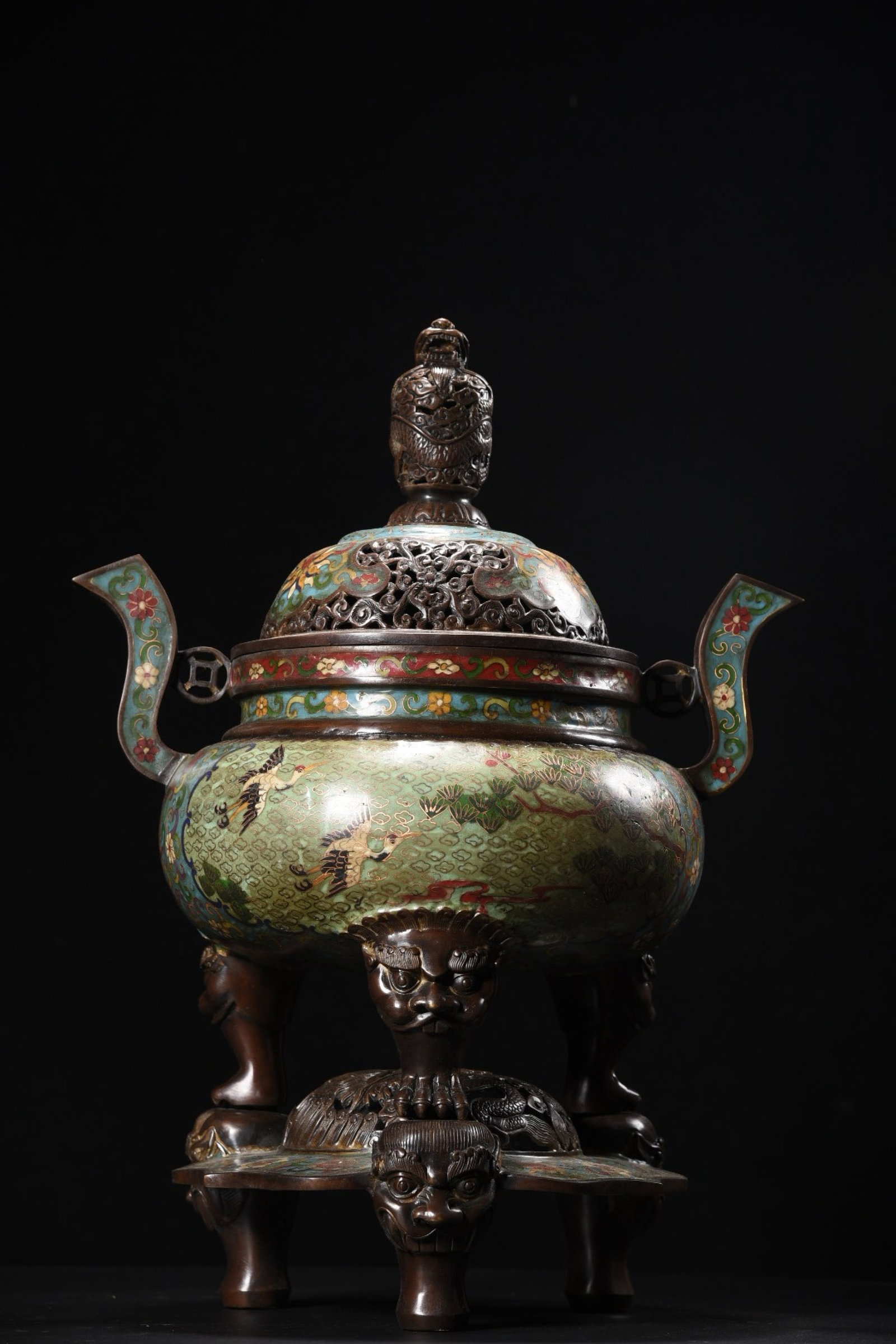 An Exquisite Cloisonne Pine and Crane Pattern Double-Ears and Tripod Censer,with Base: An Exquisite Cloisonne Pine and Crane Pattern Double-Ears and Tripod Censer,with Base,Ming Dynasty,China,Xuande Four-Character Mark,Size:19.3inx14.6in,Weight:11kg 景泰蓝松ƕ