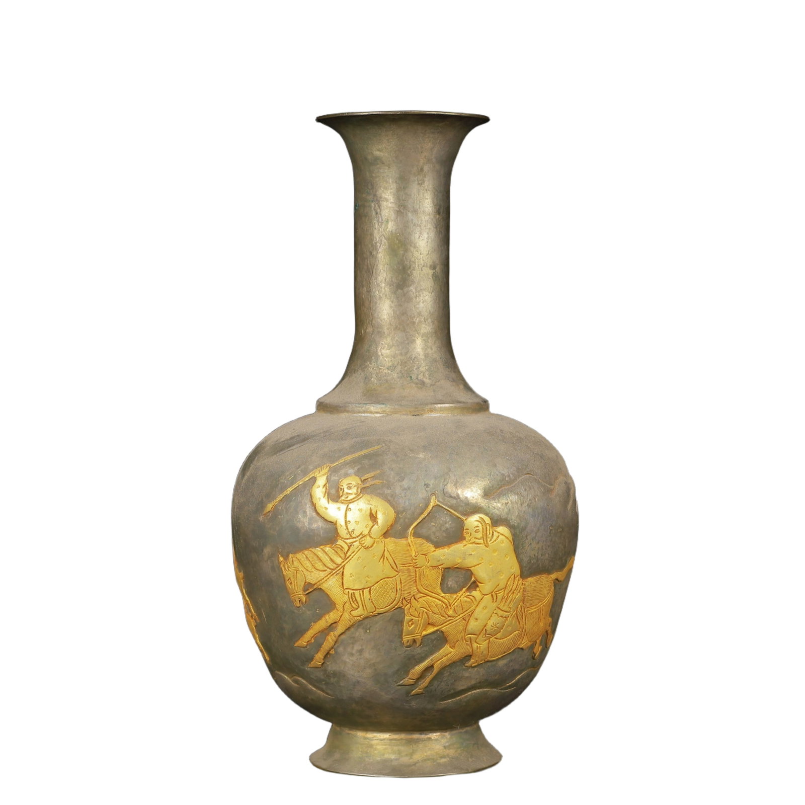An Exquisite Gilt Silver Figure Pattern Vase: An Exquisite Gilt Silver Figure Pattern Vase,Tang Dynasty,China,Zhenguan Four-Character Mark,Size:4.3inx8.3in,Weight:500g 银鎏金人物纹瓶,中国Ù