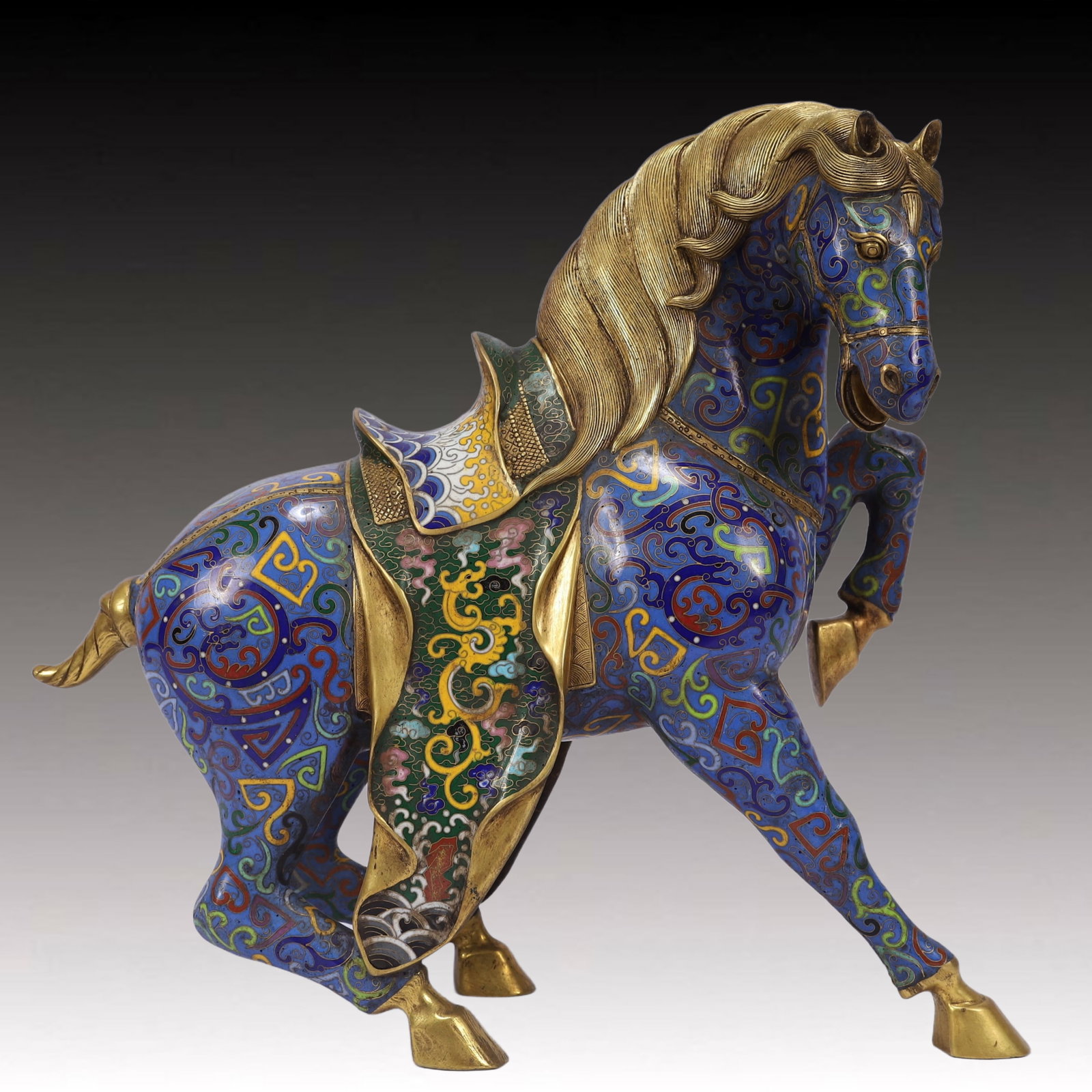 A Rare Cloisonne Seawater,Auspicious Cloud and Dragon Pattern Horse Ornament: A Rare Cloisonne Seawater,Auspicious Cloud and Dragon Pattern Horse Ornament,Qing Dynasty, China,Qianlong Four-character Mark,Size:13.4inx5.9inx13.8in,Weight:6700g 景泰蓝海