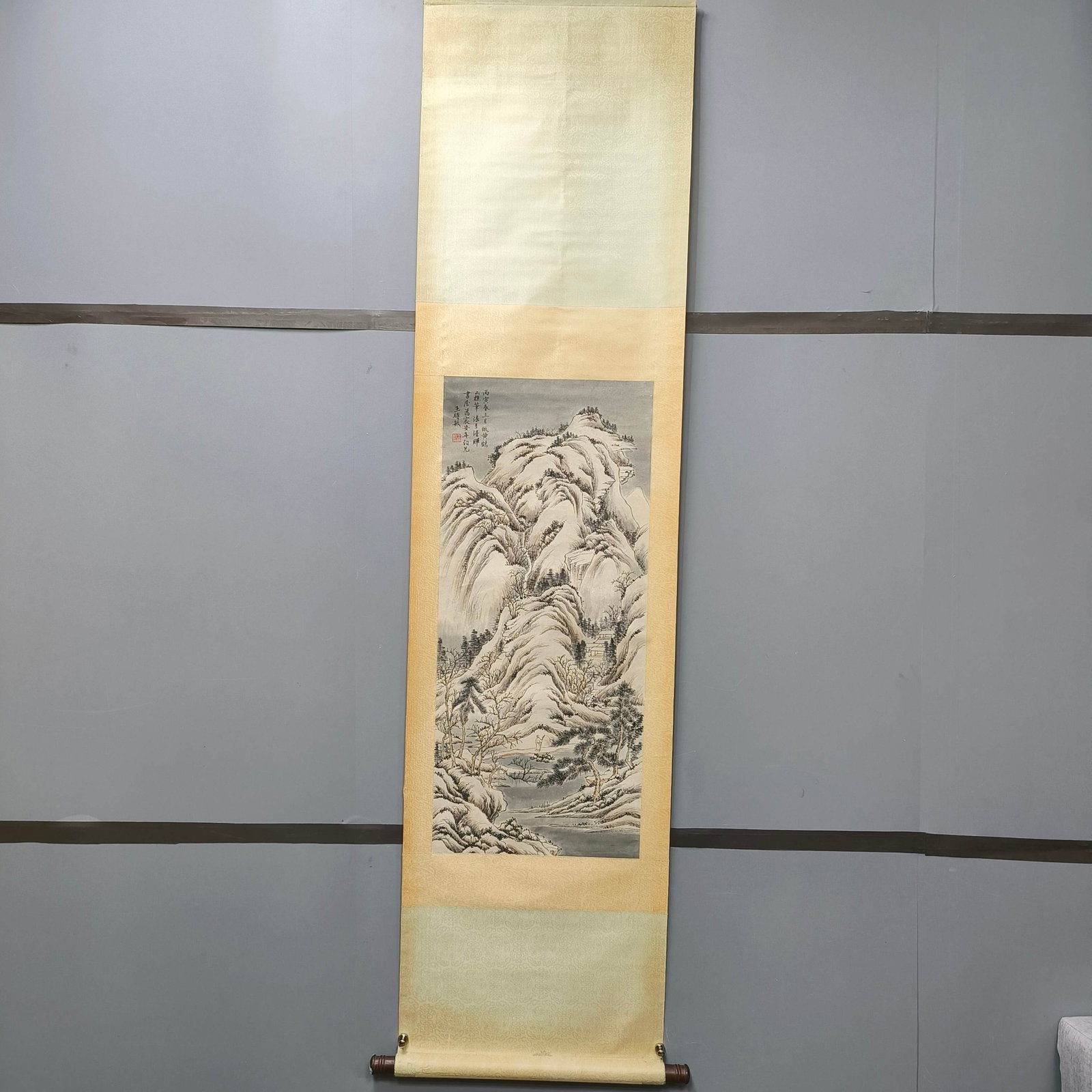 A Chinese Vertical Scroll Ink Painting of Landscape on Paper: A Chinese Vertical Scroll Ink Painting of Landscape on Paper,Wang Shimin,Size:36.6inx15.7in 一幅中国水墨山水画立轴,王诗