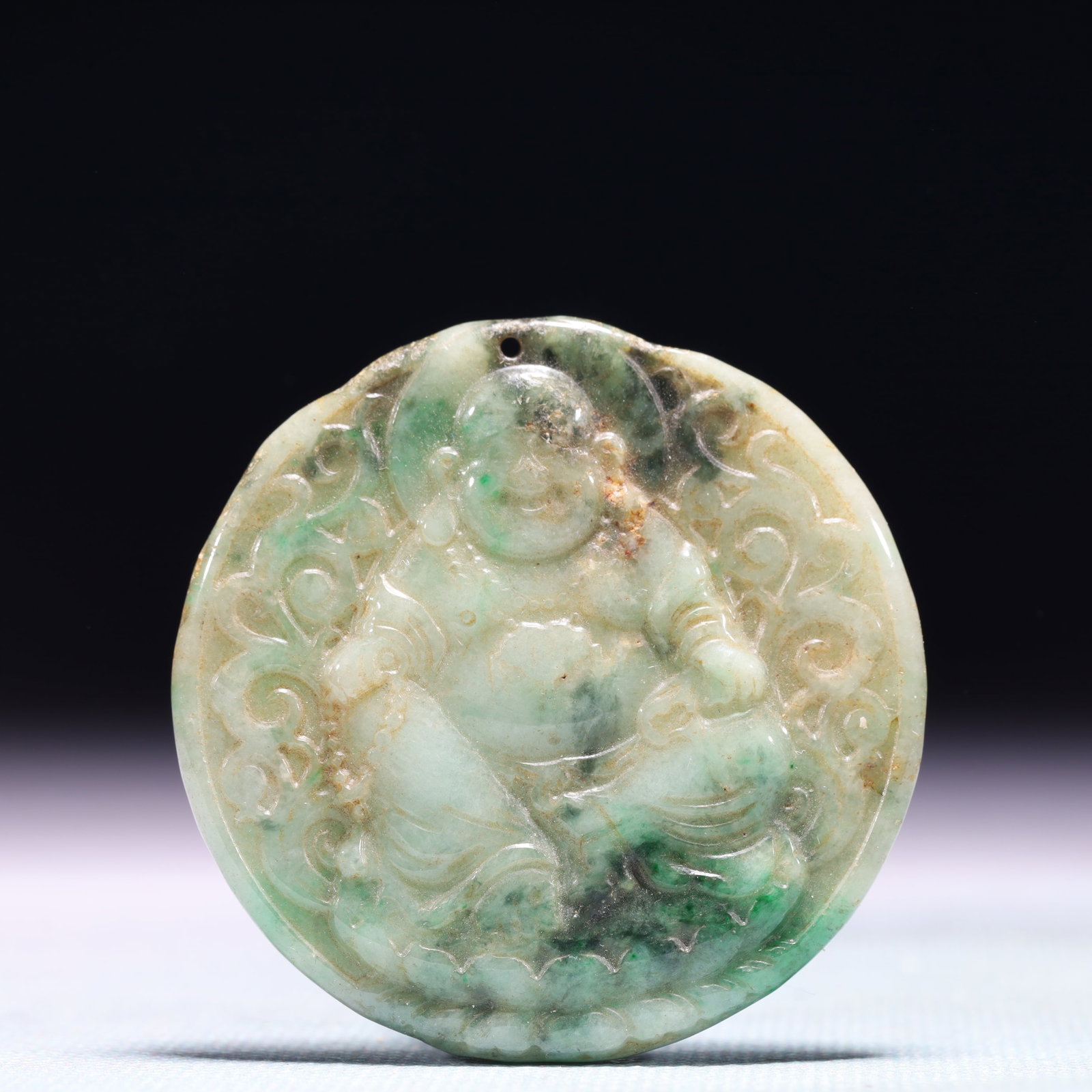 An Exquisite Jadeite Statue of Maitreya Buddha Pendant: An Exquisite Jadeite Statue of Maitreya Buddha Pendant,Qing Dynasty,China,Size:2inx0.3in,Weight:36g 翡翠弥勒佛像挂件,中国清代
