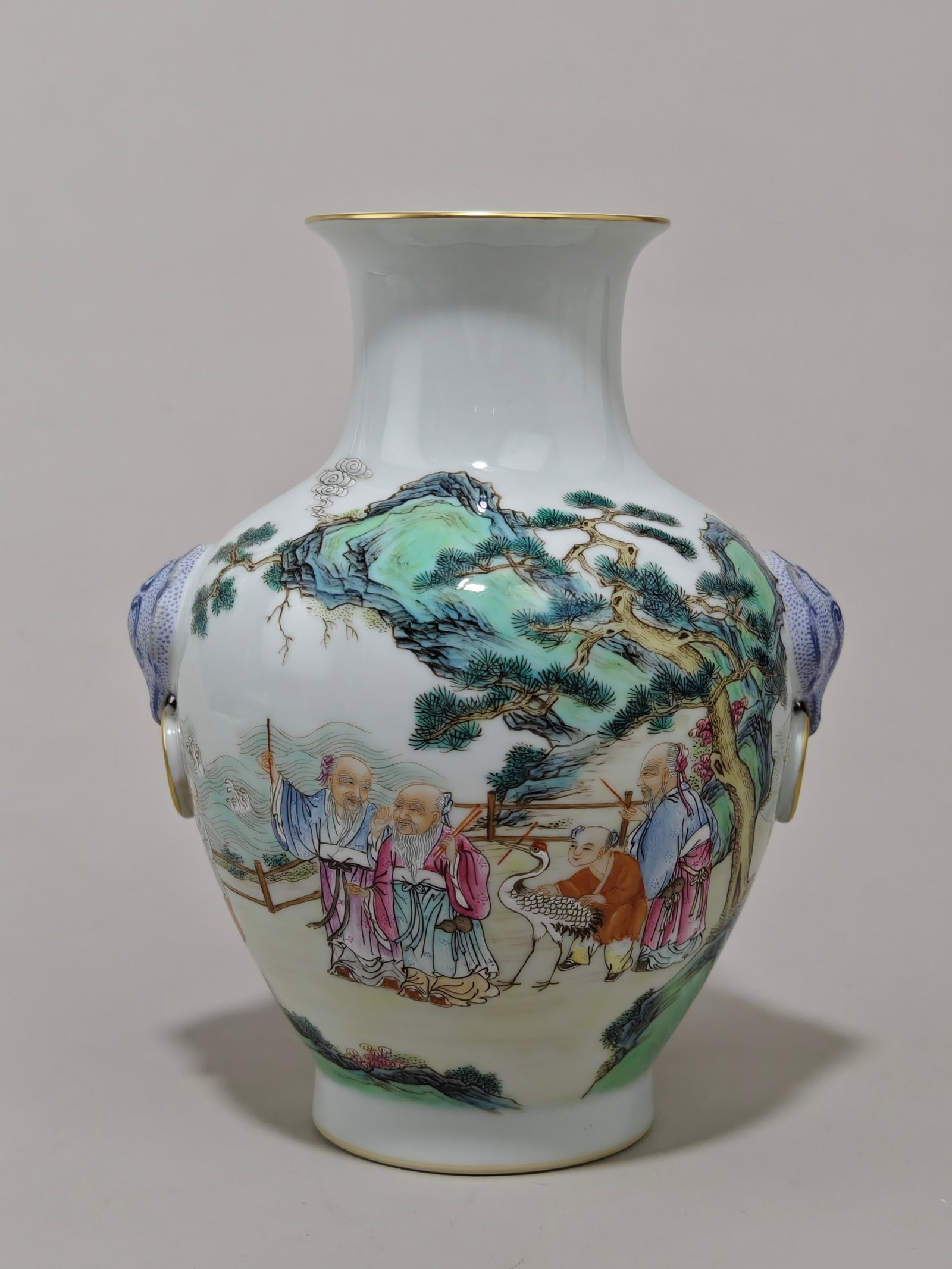 An Exquisite Famille-Rose Character and Story Pattern Beast-Ears Vase: An Exquisite Famille-Rose Character and Story Pattern Beast-Ears Vase,Qing Dynasty,China,Qianlong Six-character Mark,Size:7.2inx5.9in