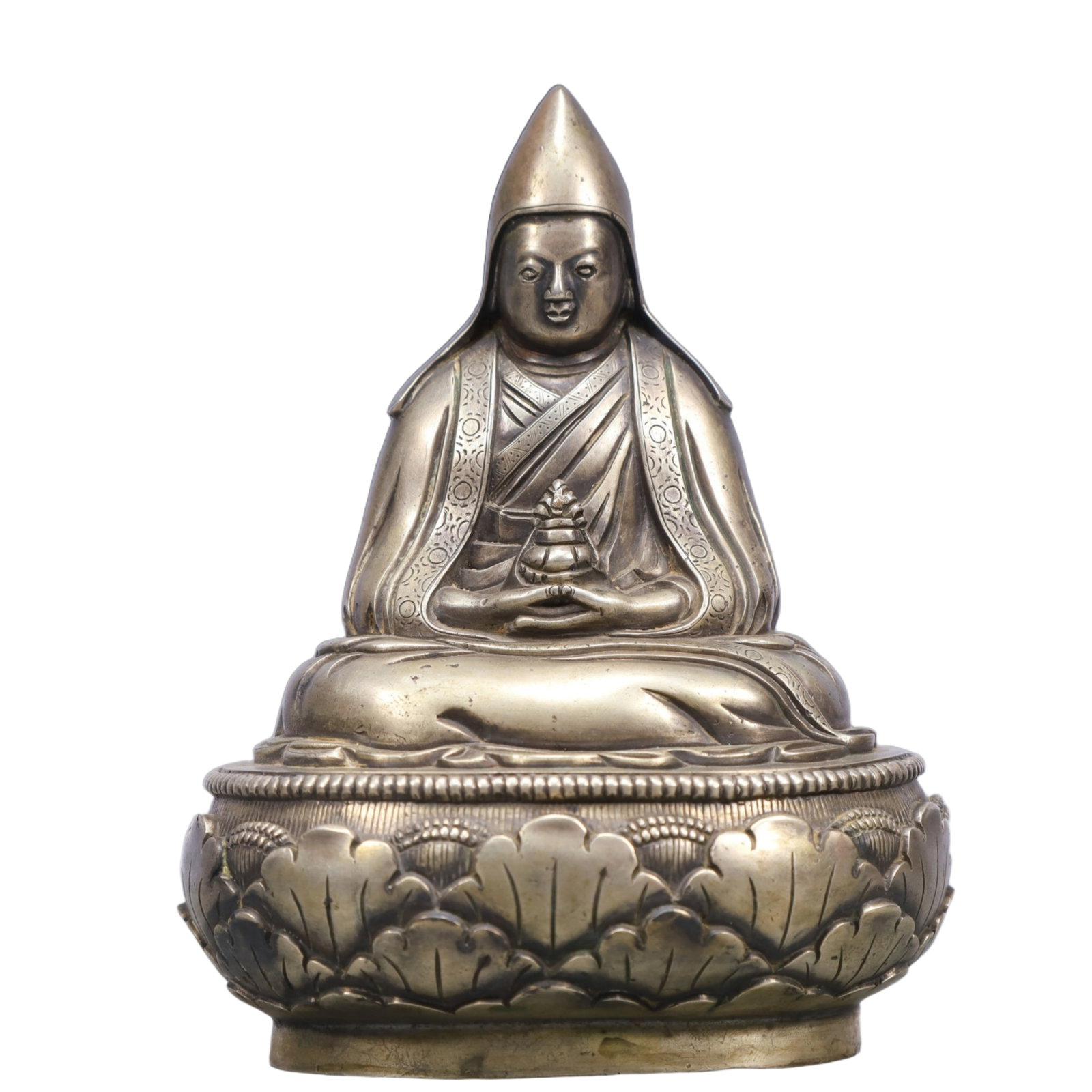 A Solemn Silver Statue of Tsongkhapa: A Solemn Silver Statue of Tsongkhapa,Qing Dynasty, China,Size:4.7inx3.9inx6.3in,Weight:1500g 银宗喀巴像,中国清代