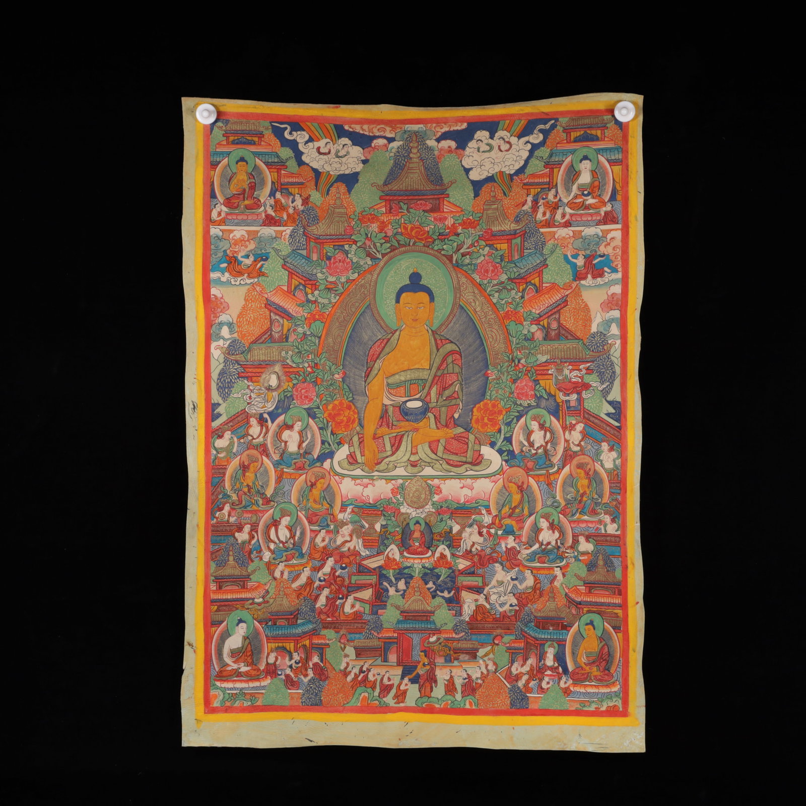 A Rare Cowhide Painted Color Statue of Sakyamuni Tangka: A Rare Cowhide Painted Color Statue of Sakyamuni Tangka,Qing Dynasty, China,Size:26inx36.6in 牛皮彩绘释迦摩尼像唐卡,中国&#