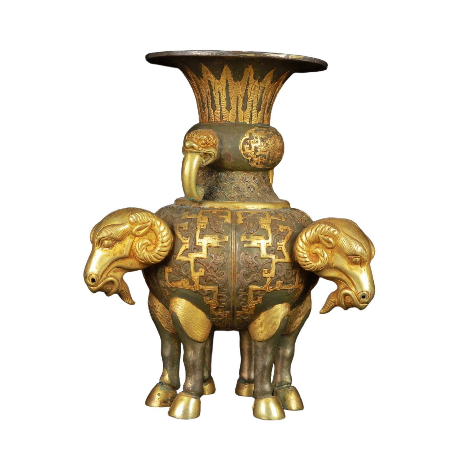 An Exquisite Gilt Silver Beast-Ears Sheep Cup: An Exquisite Gilt Silver Beast-Ears Sheep Cup,Tang Dynasty,China,Zhenguan Four-Character Mark,Size:6.3inx7.5in,Weight:600g 银鎏金兽耳羊杯,中国