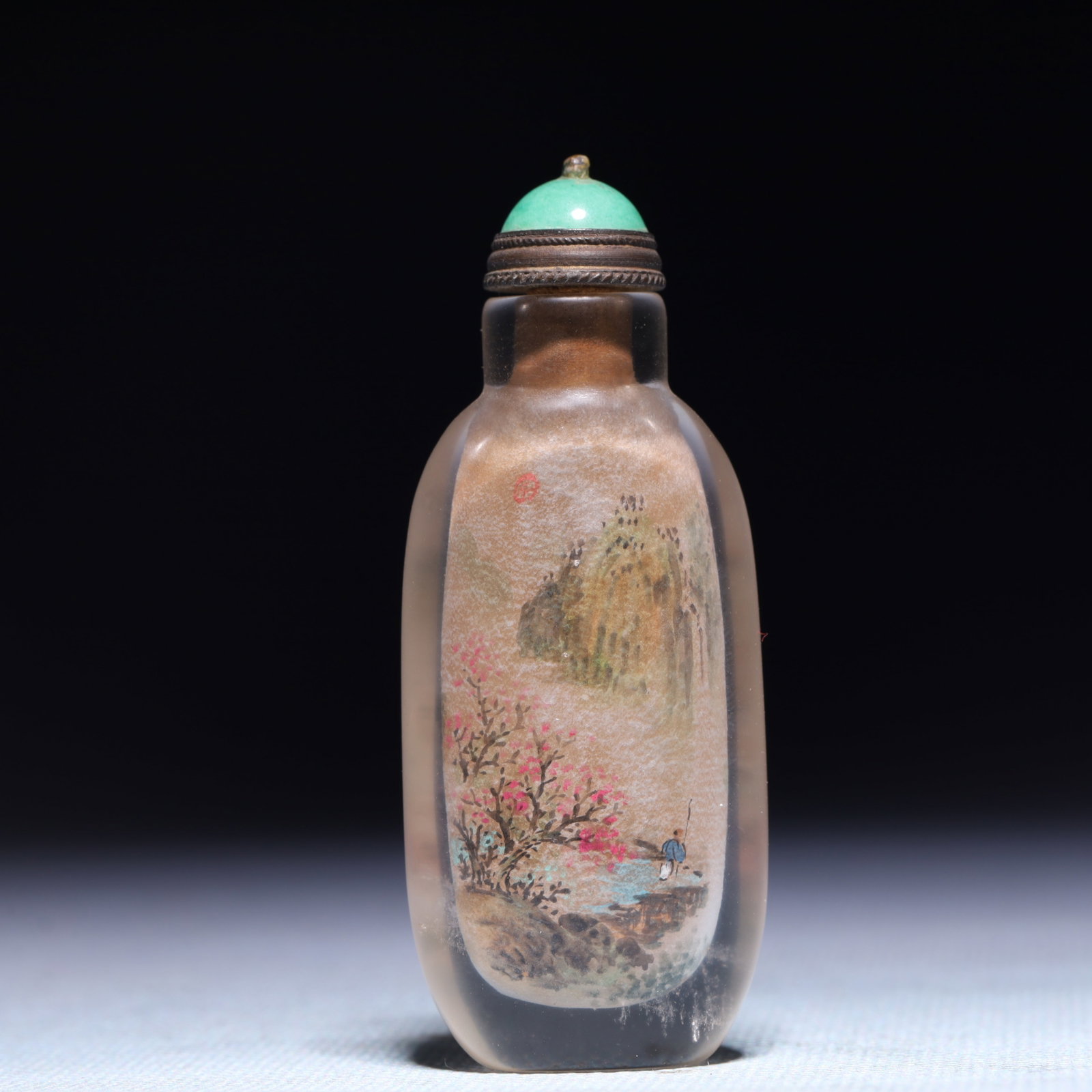 An Exquisite Crystal Landscape and Figure Pattern Snuff Bottle: An Exquisite Crystal Landscape and Figure Pattern Snuff Bottle,Qing Dynasty,China,Size:1.2inx0.6inx2.8in,Weight:40.2g 水晶山水人物纹鼻烟壶,&