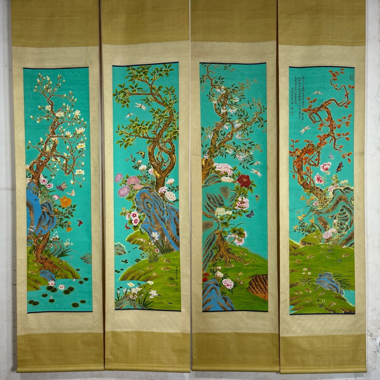 A Set of Chinese Vertical Scroll Ink Painting of Flower on Paper: A Set of Chinese Vertical Scroll Ink Painting of Flower on Paper,Zhang Daqian,Size:104.3inx94.5in