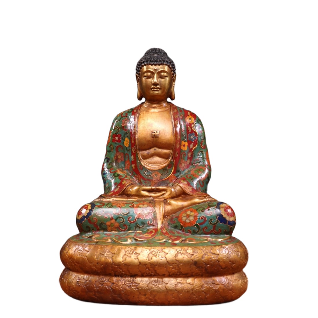 An Exquisite Gilt Bronze Cloisonne Lotus Pattern Statue of Sakyamuni: An Exquisite Gilt Bronze Cloisonne Lotus Pattern Statue of Sakyamuni,Ming Dynasty,China,Yongle Six-character Mark,Size:12.6inx9.1inx7.5in,Weight:4660g 铜鎏金景泰蓝&