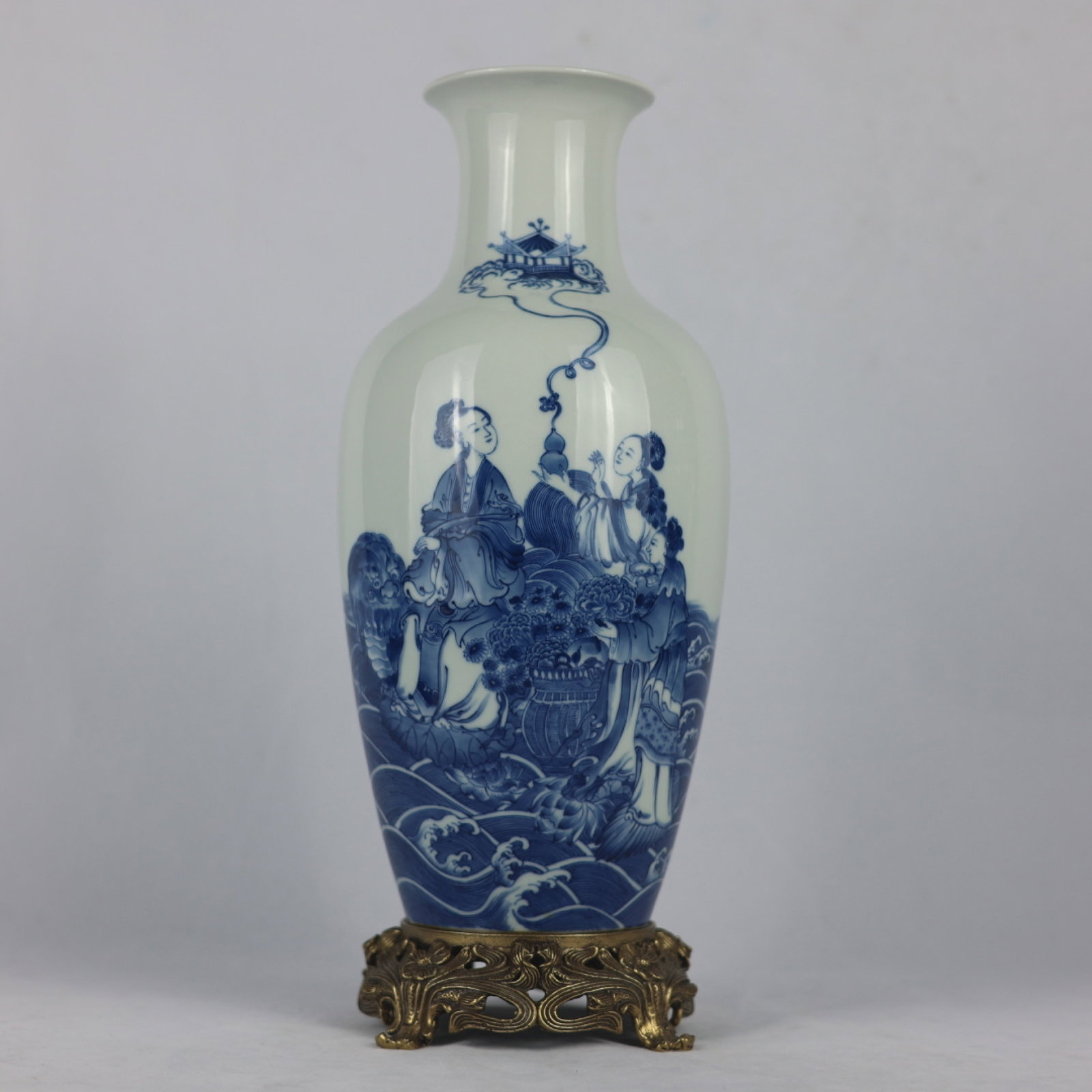 A Rare Blue and White Inlaid Bronze Character and Story Pattern Vase: A Rare Blue and White Inlaid Bronze Character and Story Pattern Vase,Qing Dynasty,China,Yongzheng Six-character Mark,Size:14.8inx5.5in 青花镶铜人物故事&