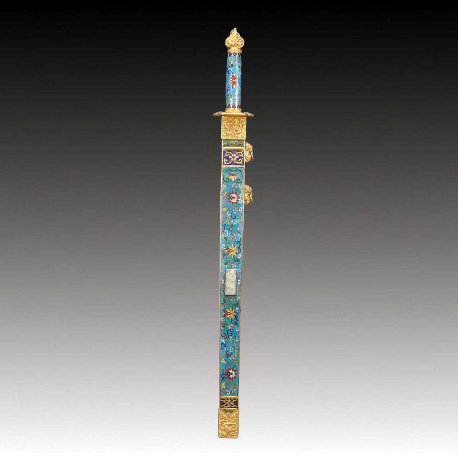 A Huge Cloisonne Inlaid White Jade Lotus Pattern Sword Ornament: A Huge Cloisonne Inlaid White Jade Lotus Pattern Sword Ornament,Qing Dynasty, China,Qing Dynasty, China,Qianlong Four-character Mark,Size:36.6inx3.9inx2.8in,Weight:2600g 景泰蓝॔