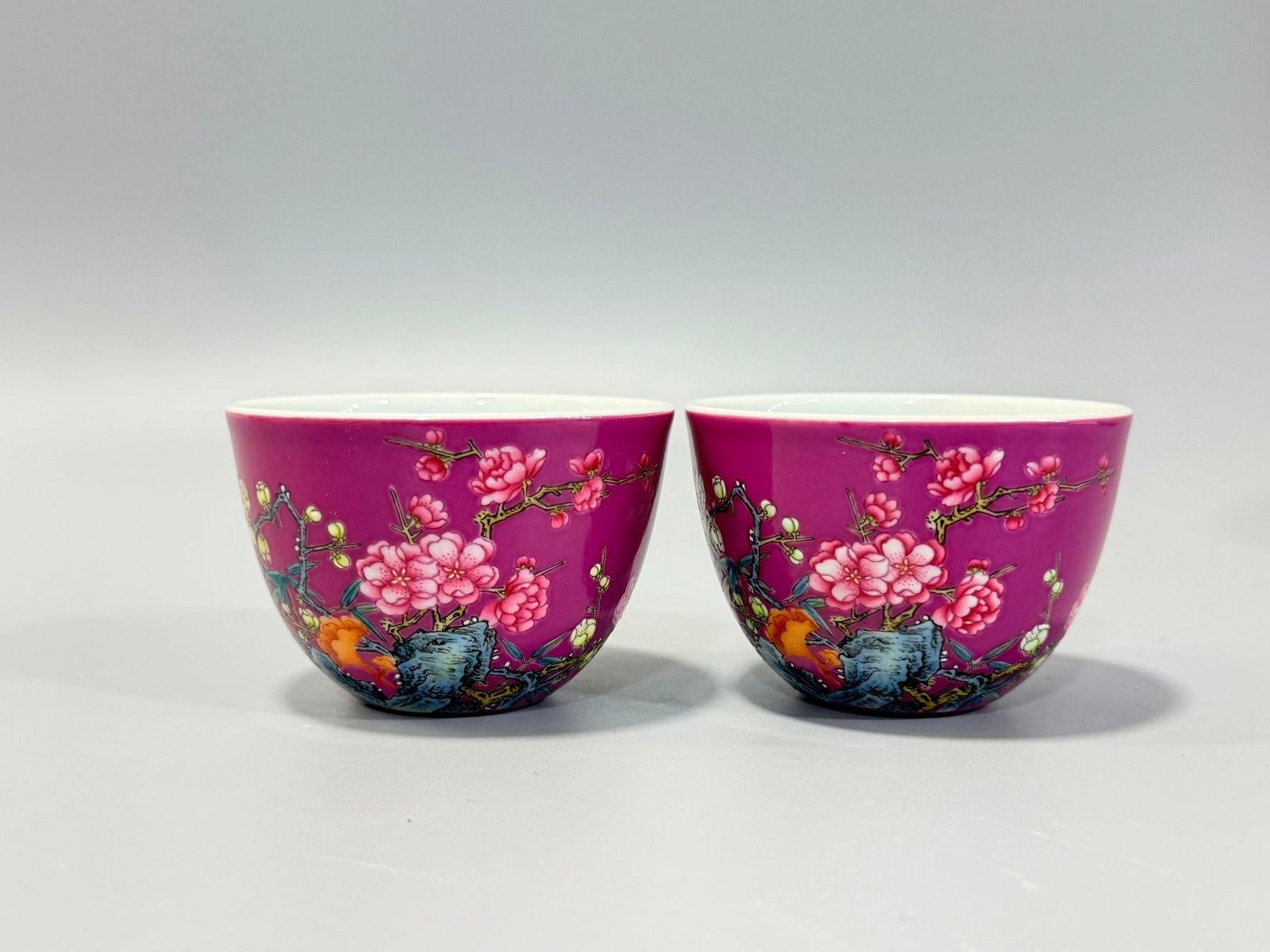 A Pair of Exquisite Enamel Ruby Red-Glazed Flower Pattern Cups,with poem: A Pair of Exquisite Enamel Ruby Red-Glazed Flower Pattern Cups,with poem,Qing Dynasty,China,Yongzheng Four-character Mark,Size:2inx2.9in 一对珐琅彩胭脂红