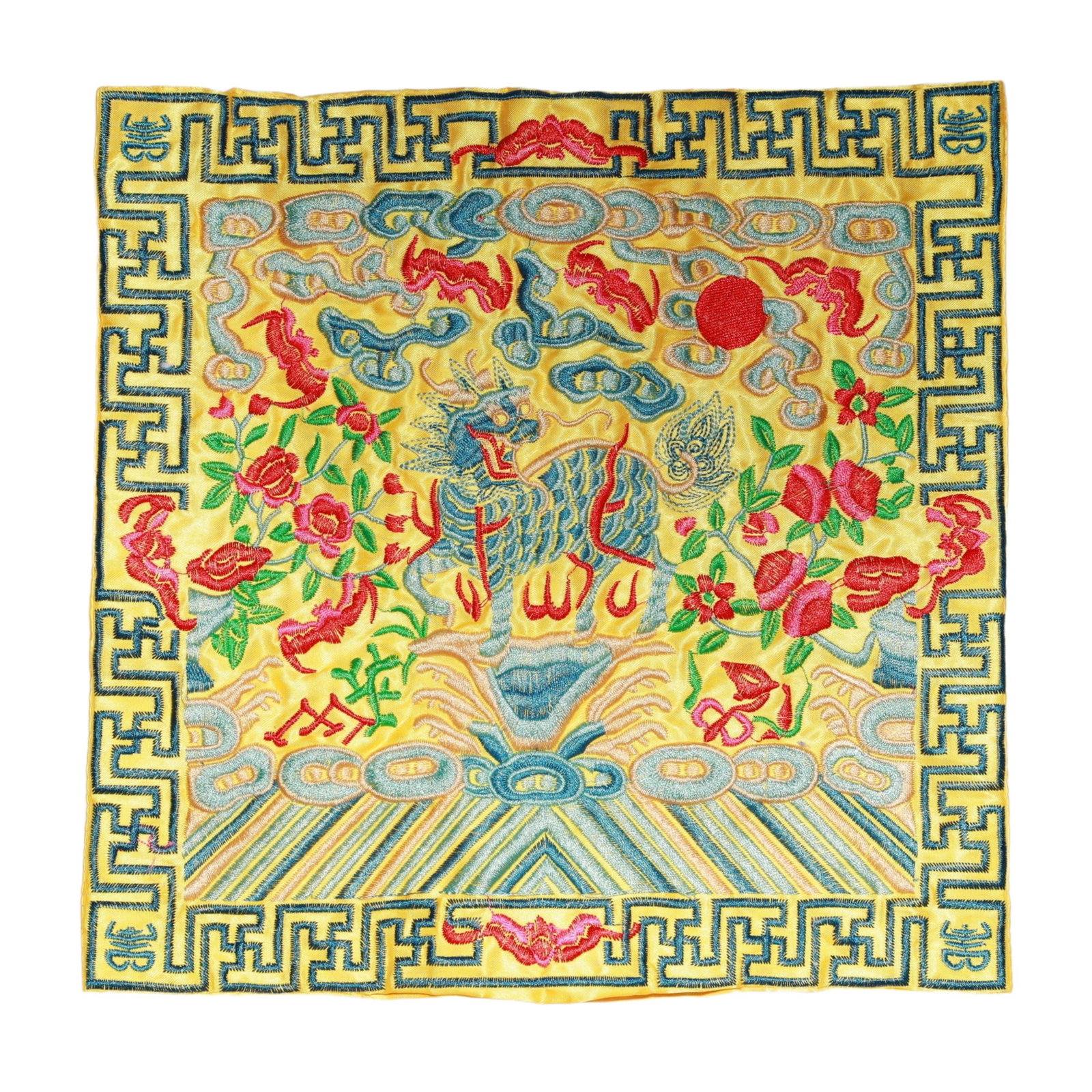 An Exquisite Embroidery Kylin Pattern Civil Official Rank Badges: An Exquisite Embroidery Kylin Pattern Civil Official Rank Badges,Qing Dynasty,China,Size:10.2inx10.2in 刺绣麒麟官补,中国清代