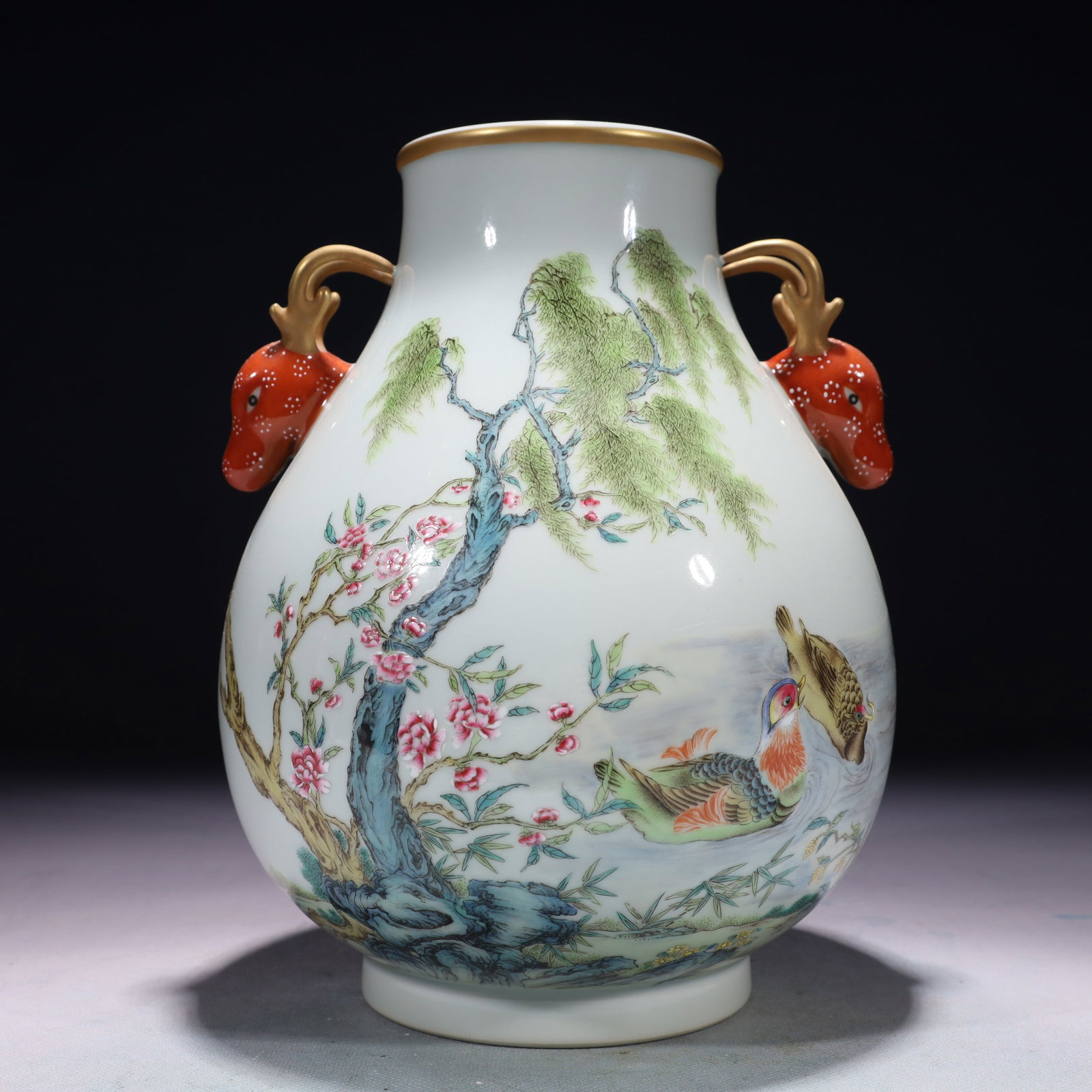 An Exquisite Famille-Rose Painted Gold Flower and Mandarin Duck Pattern Deer-Ears Vase,with poem: An Exquisite Famille-Rose Painted Gold Flower and Mandarin Duck Pattern Deer-Ears Vase,with poem,Qing Dynasty,China,Qianlong Six-character Mark,Size:7.5inx10.2in,Weight:2150g 粉彩描&
