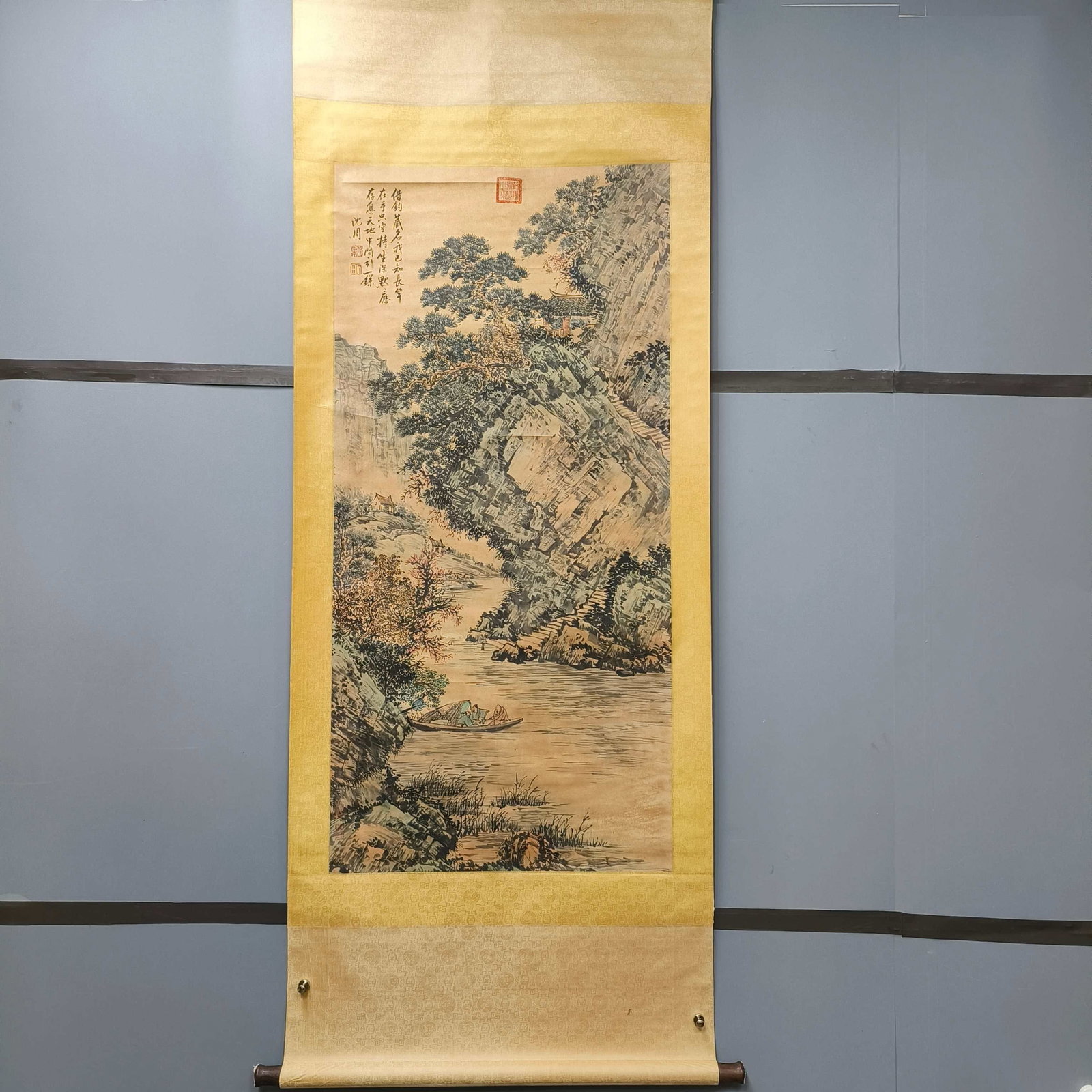 A Chinese Vertical Scroll Ink Painting of Landscape on Paper: A Chinese Vertical Scroll Ink Painting of Landscape on Paper,Shen Zhou,Size:52inx24.8in 一幅中国水墨山水画立轴,沈周